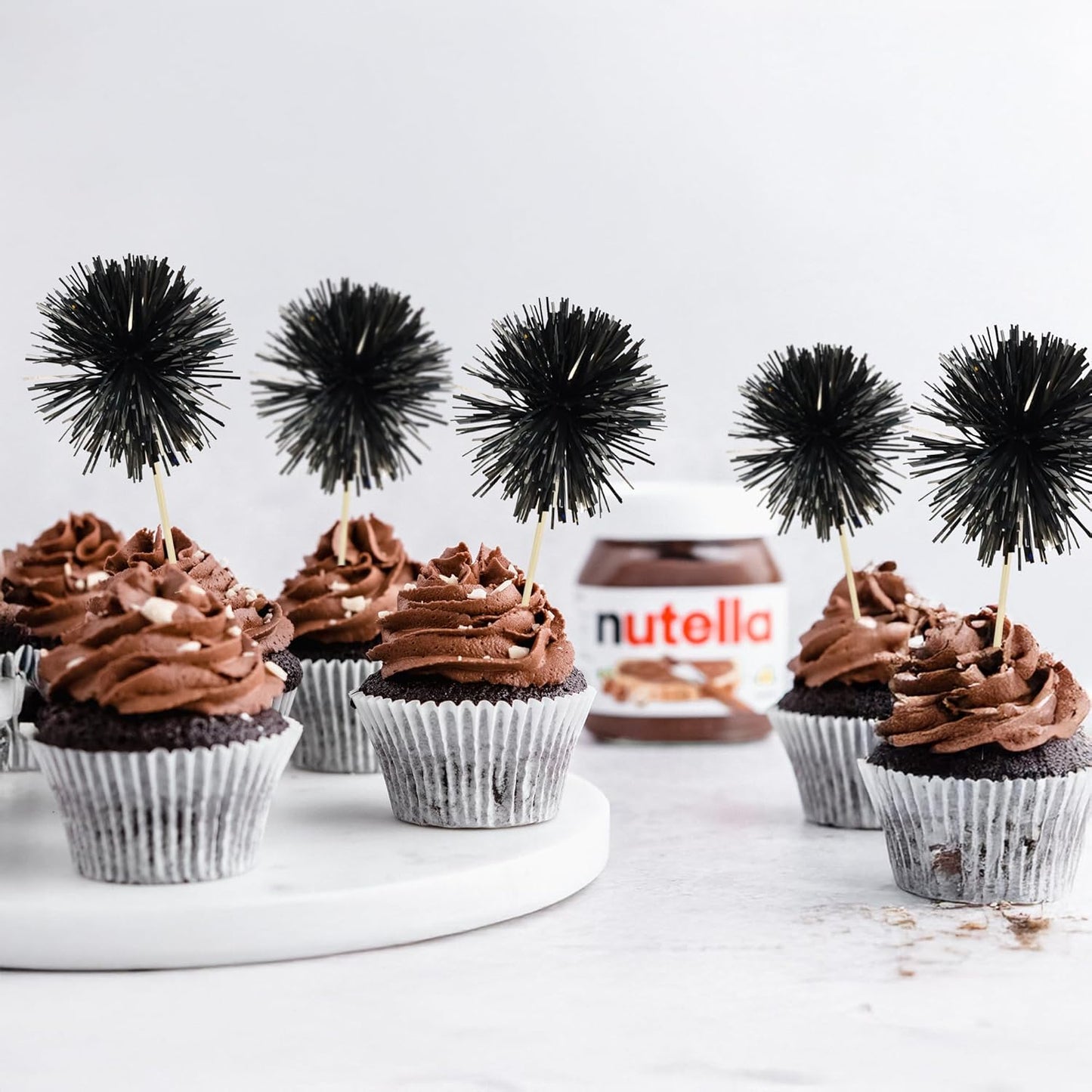 Ephlyn 30Pcs Foil Firework Cupcake Toppers Sparkle Tinsel Cupcake Picks Happy Birthday Cake Decorations Drink Stirrers Cocktail Food Fruit Toothpicks for Baby Shower Graduation Party Supplies Black