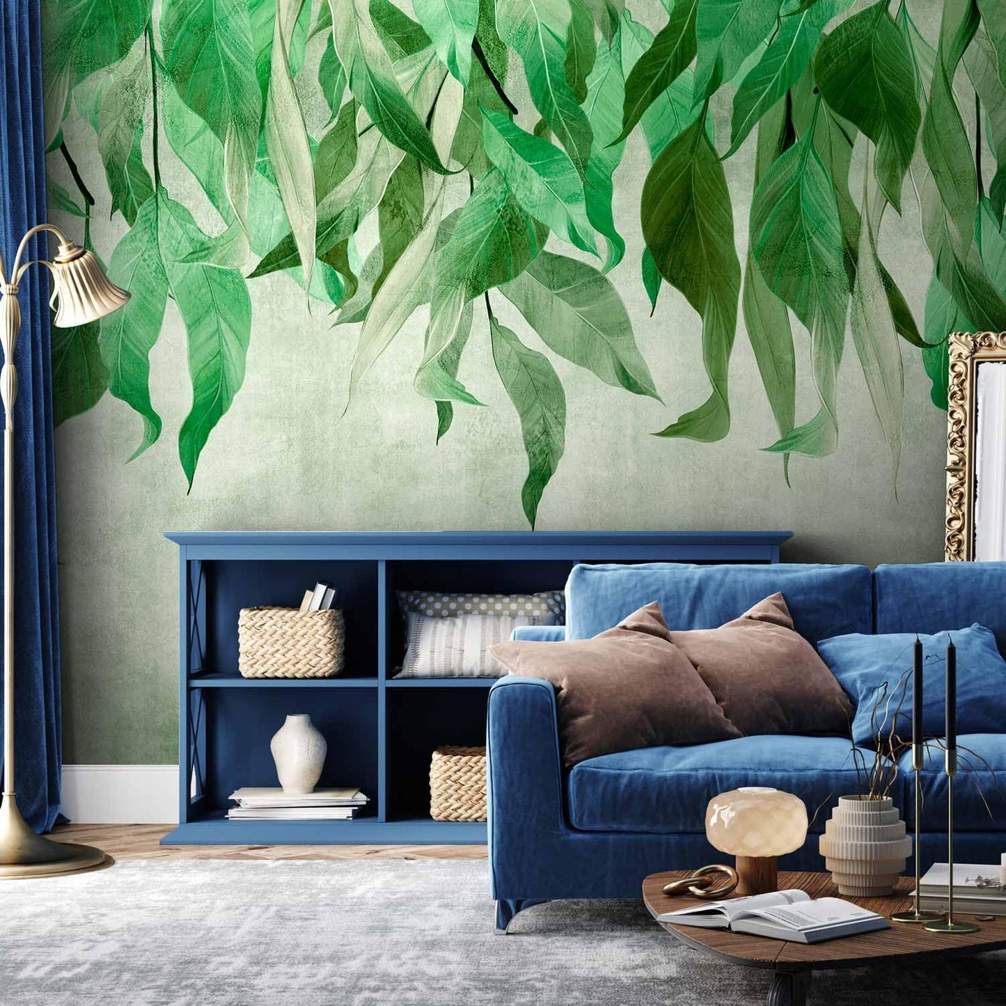 artgeist Premium Wall Mural Hanging Leaves 157x110 in - Non-Woven Wallpaper Fleece Wall Decor Photo Print Picture Image Design Nature Botanical Concrete Green Like Painted b-C-10146-a-a