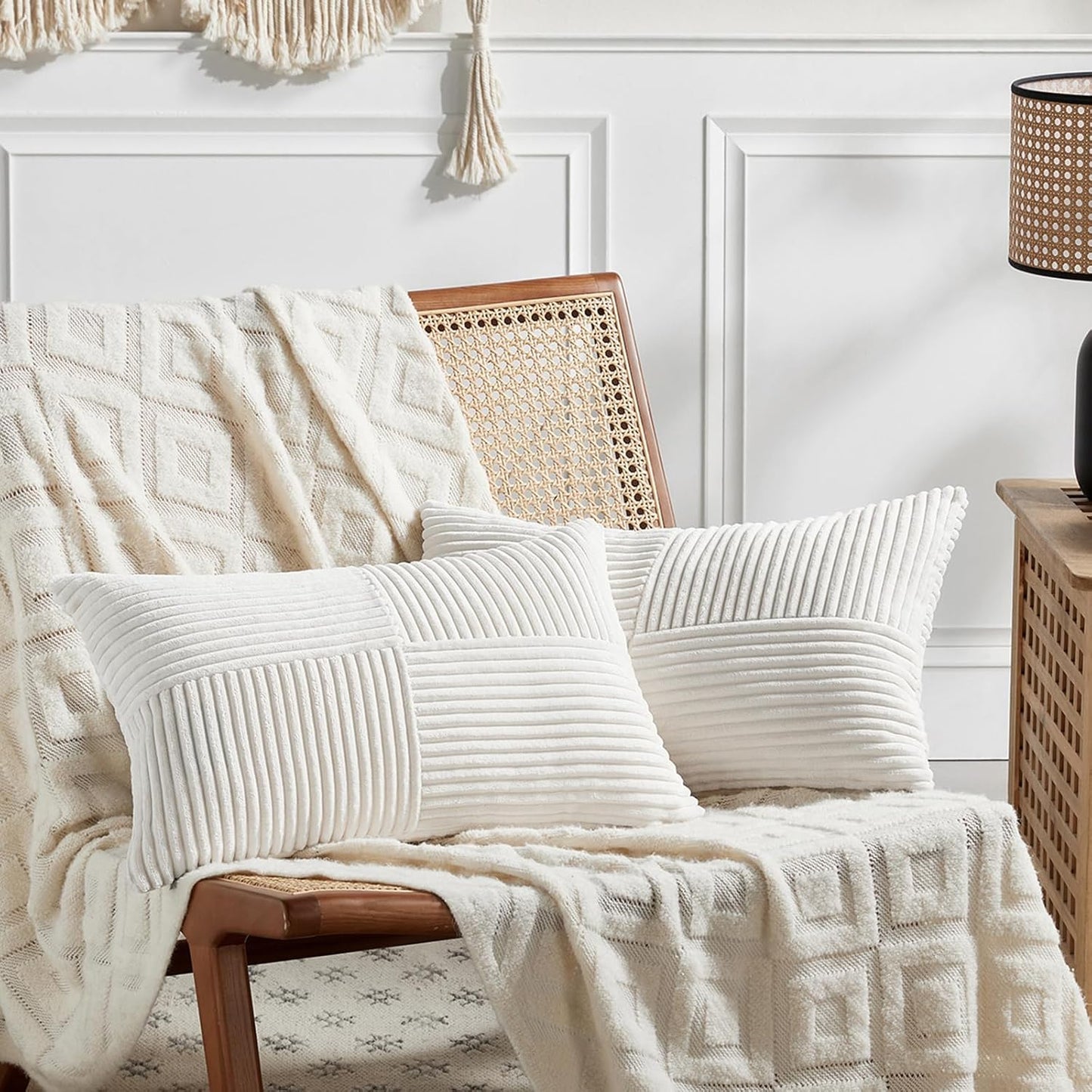 Fancy Homi 2 Packs Cream White Lumbar Decorative Throw Pillow Covers 12x20 Inch for Couch Bed Sofa, Rustic Farmhouse Boho Home Decor, Soft Striped Corduroy Rectangle Accent Cushion Case 30x50 cm