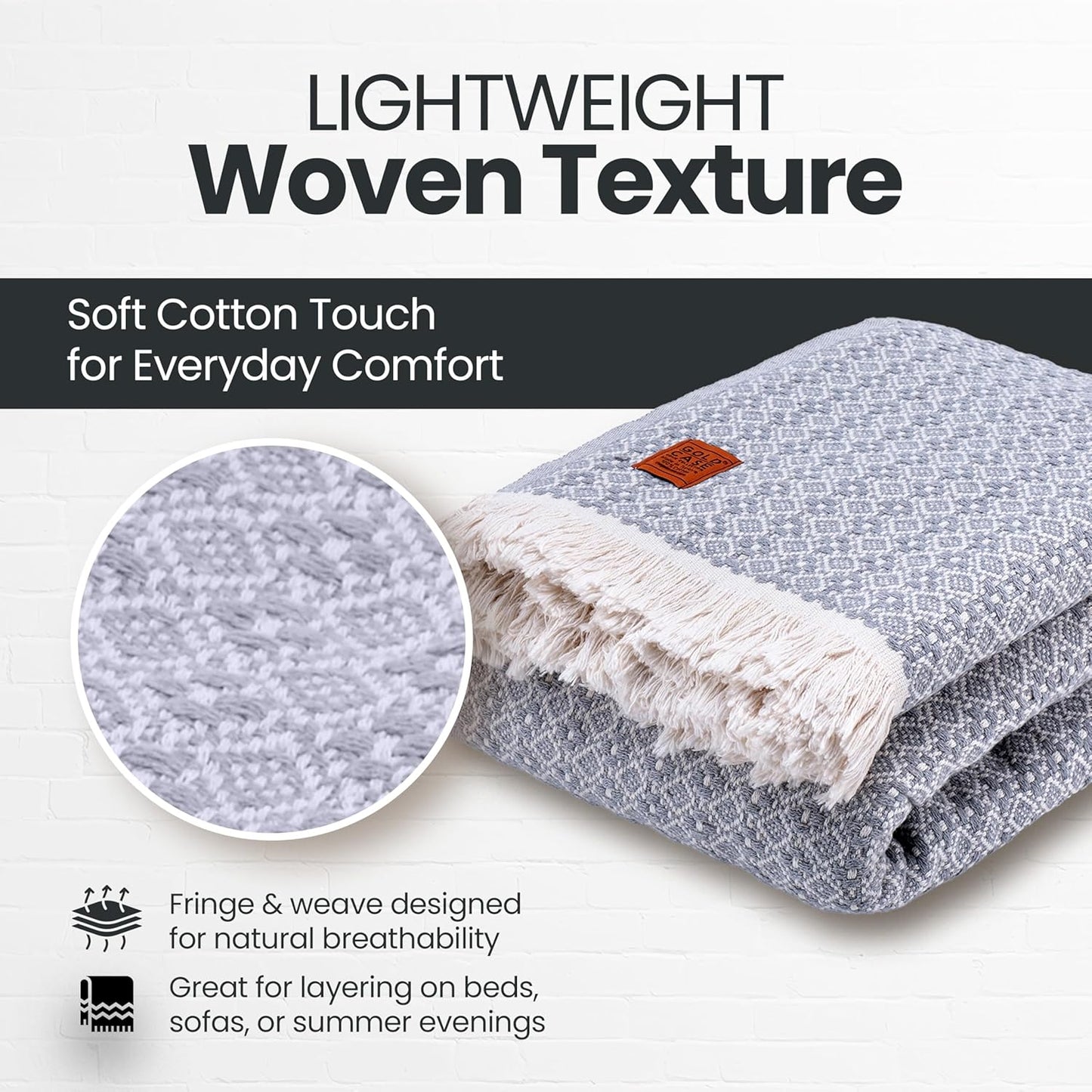 Gold Case Throw Blanket for Bed – 100% Recycled Turkish Cotton Bed Blanket – Decorative Throw Cotton Blankets for Living Room & Bedroom – Retro Grey Woven Queen Blankets – 90x90