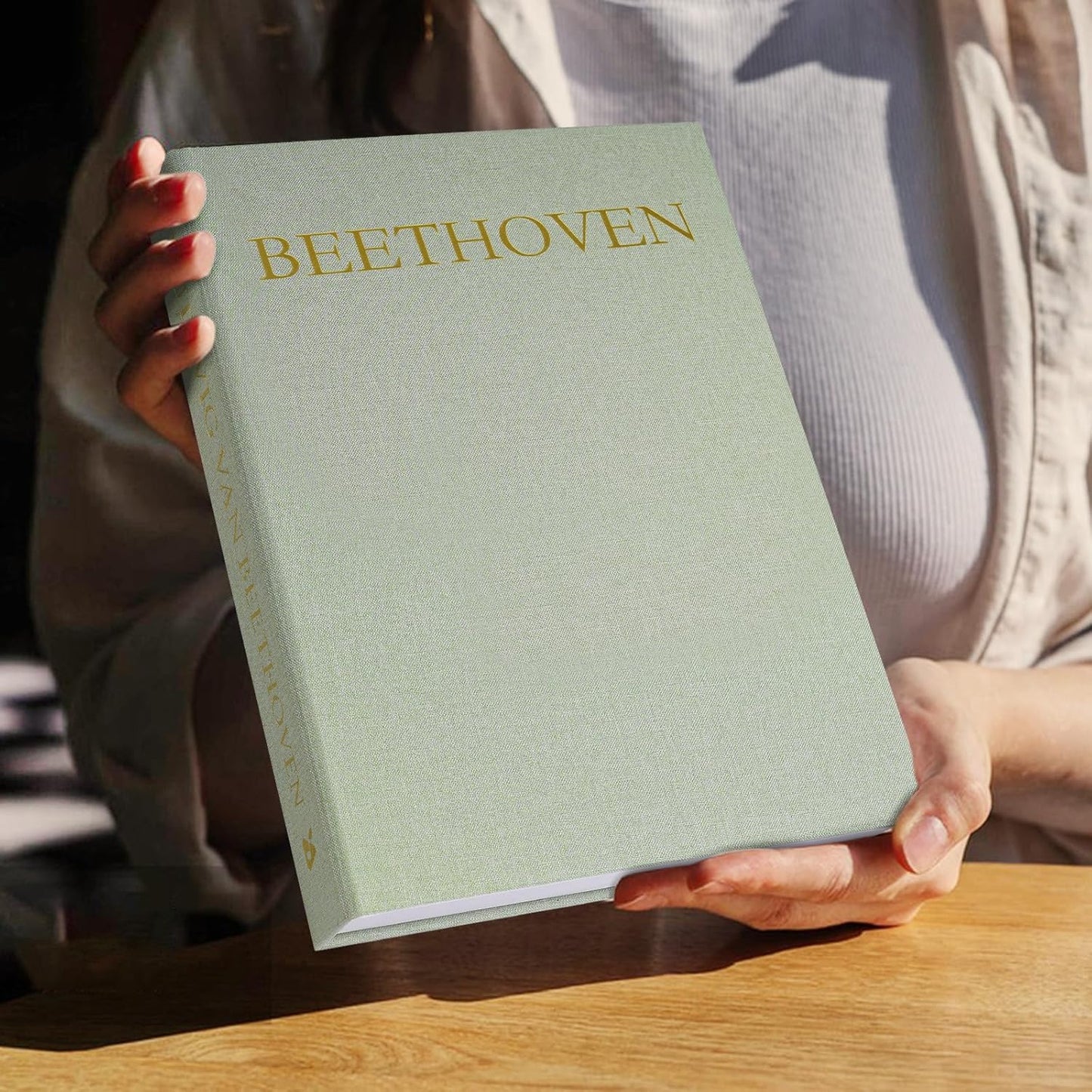 Aesthetic Decorative Books -Set of 2 Minimalist Linen Hardcover Faux/Fake Books for Coffee Table Home Decor Living Room Decoration, Photo Storage or as a Keepsake Box(Sage-beige-musician)