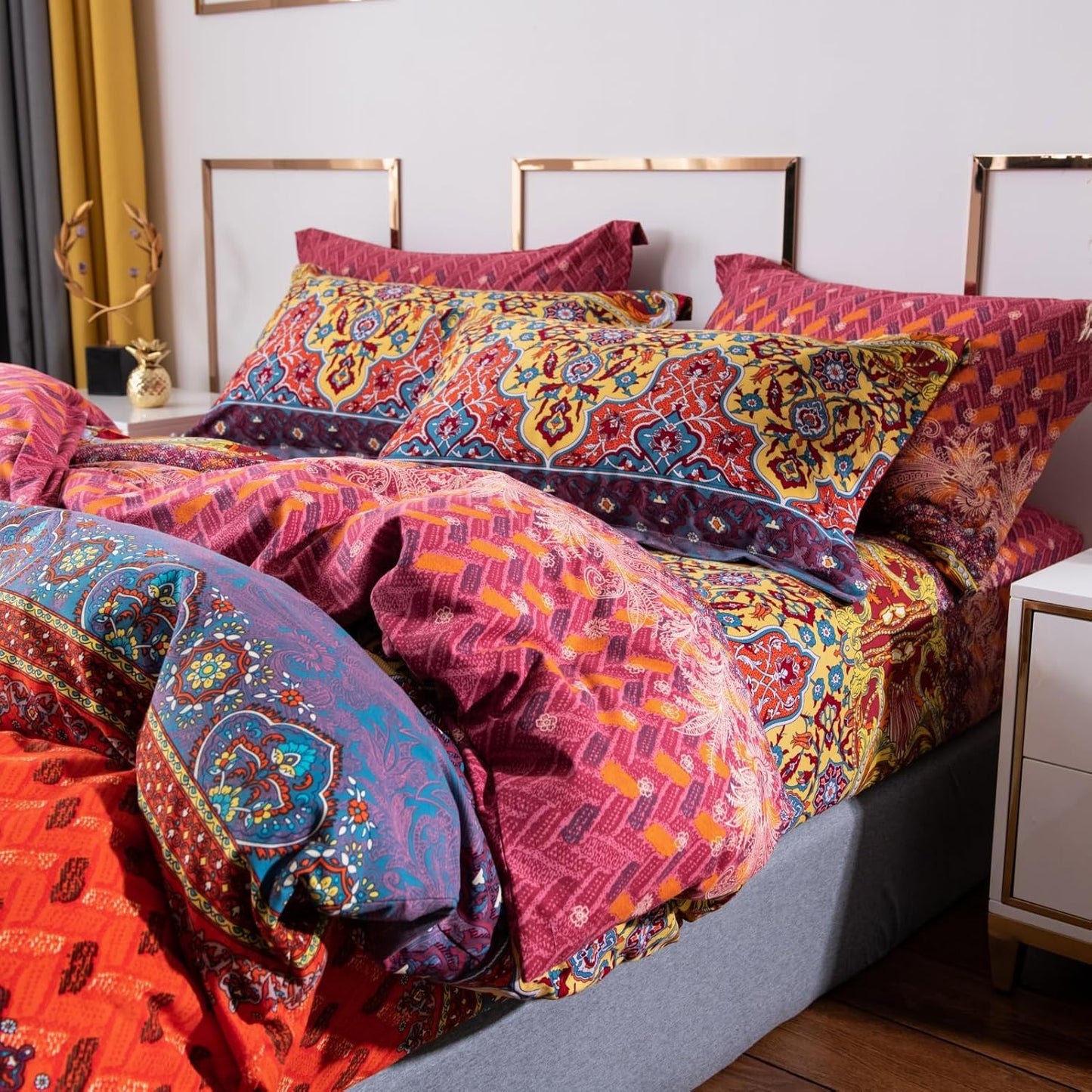 ABREEZE Bohemian Duvet Cover Set Colorful Orange Boho Retro Bedding Set Damask Paisley Cotton Duvet Cover Tribal Reversible Bedding Exotic Style Comforter Cover 3-Piece Cal.King