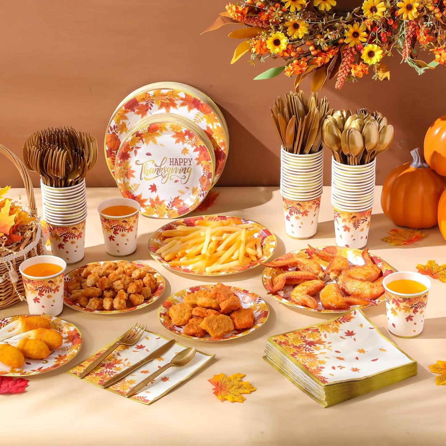 350 Pcs Thanksgiving Fall Party Supplies Maple Leaf Dinnerware Set Disposable Plates Napkins Paper Cups Plastic Cutlery for Autumn Thanksgiving Harvest Party Decor Serves 50(Maple Leaf)