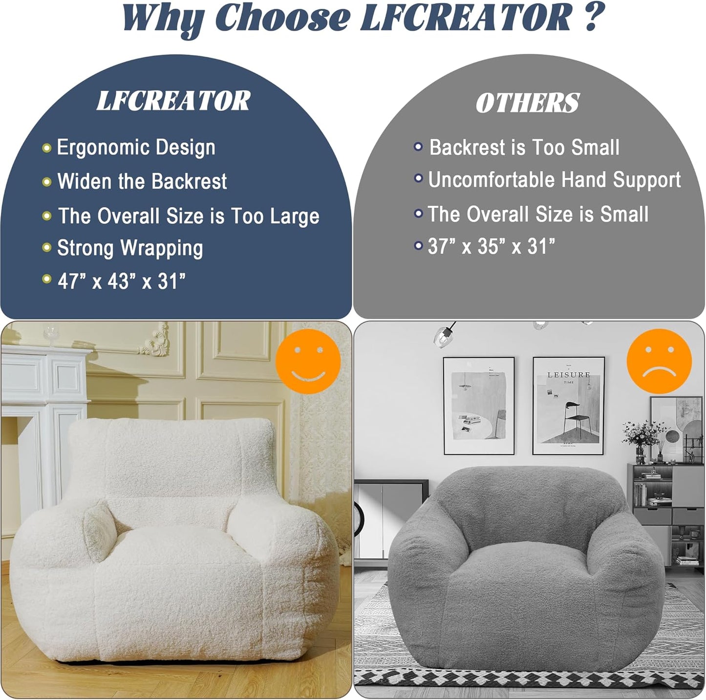 Giant Bean Bag Chair, Lambswool Bean Bag Chair for Adults, Eco-Friendly Filling Soft Bean Bag, White Been Bag for Bedroom, Living Room