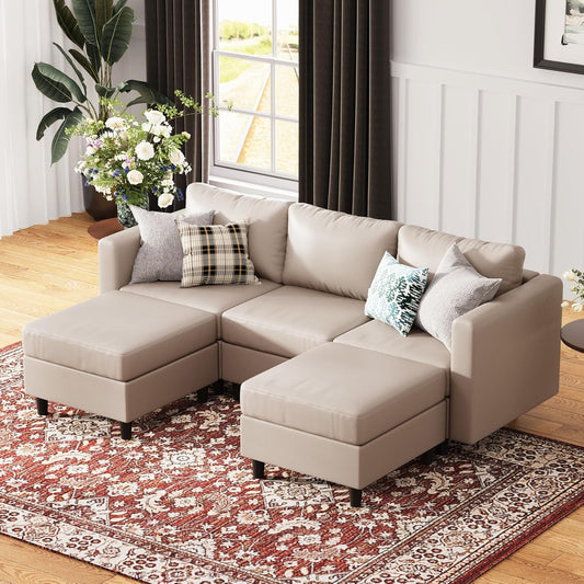 91.5" Faux Leather U Shaped Modular Sectional Sofa, 5 Seater Couch with Movable Ottoman Deep Seat and Storage Seat with Removable Cover for Living Room, Apartment - Whitesand