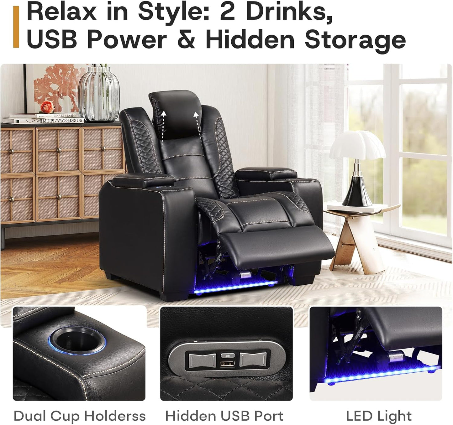ANJ Power Theater Recliners Set of 3, Electric Home Theater Seating, Black Faux Leather Recliner with Adjustable Headrest, Movie Recliner Theater Chairs with LED,USB, Cup Holders, Hidden Arm Storage