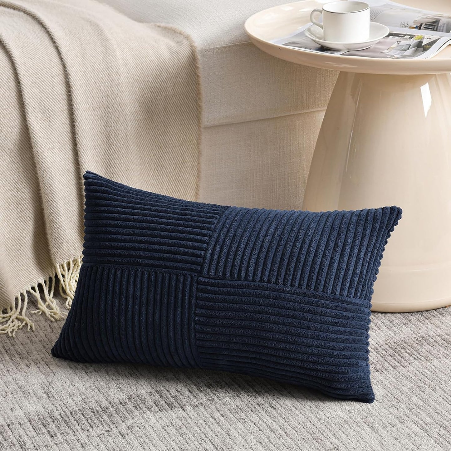 Fancy Homi 2 Packs Navy Blue Lumbar Decorative Throw Pillow Covers 14x24 Inch for Couch, Rustic Farmhouse Boho Home Decor, Soft Striped Corduroy Rectangle Accent Cushion Case 35x60 cm