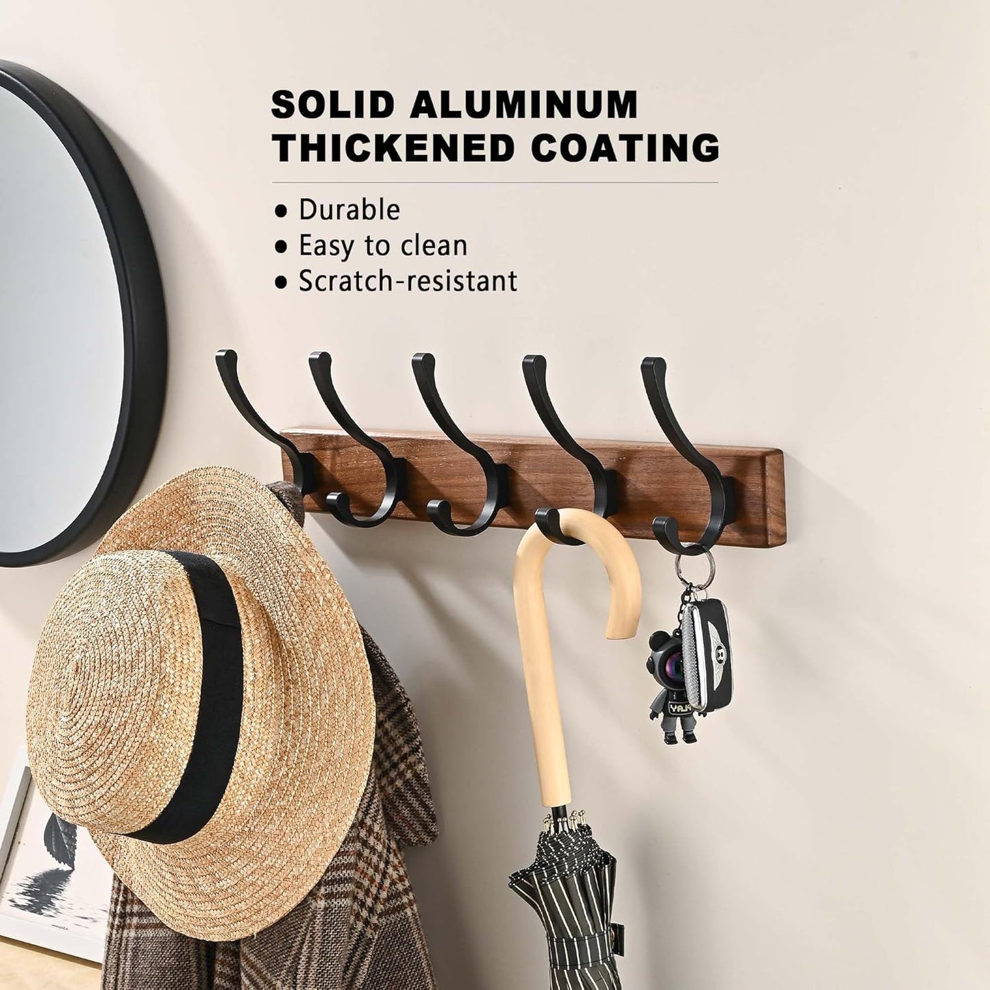 2 Pack 17.3" Small Wooden Coat Rack Wall Mounted with 5 Hooks, Entryway Wall Hooks Coat Hanger for Hanging Towel Clothes Hat Backpack Shoe Purse Key Holder Multi Hook Rail by Black Walnut Wood