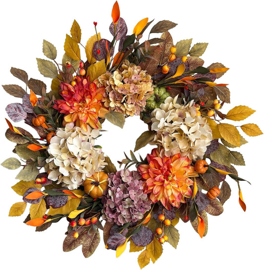 24Inch Fall Wreaths for Front Door,Fall Wreath with Beige Hydrangea,Orange Dahlia Artificial Flowers,Pumpkins,Autumn Wreaths for Harvest Thanksgiving Halloween Indoor Outdoor Home Decor