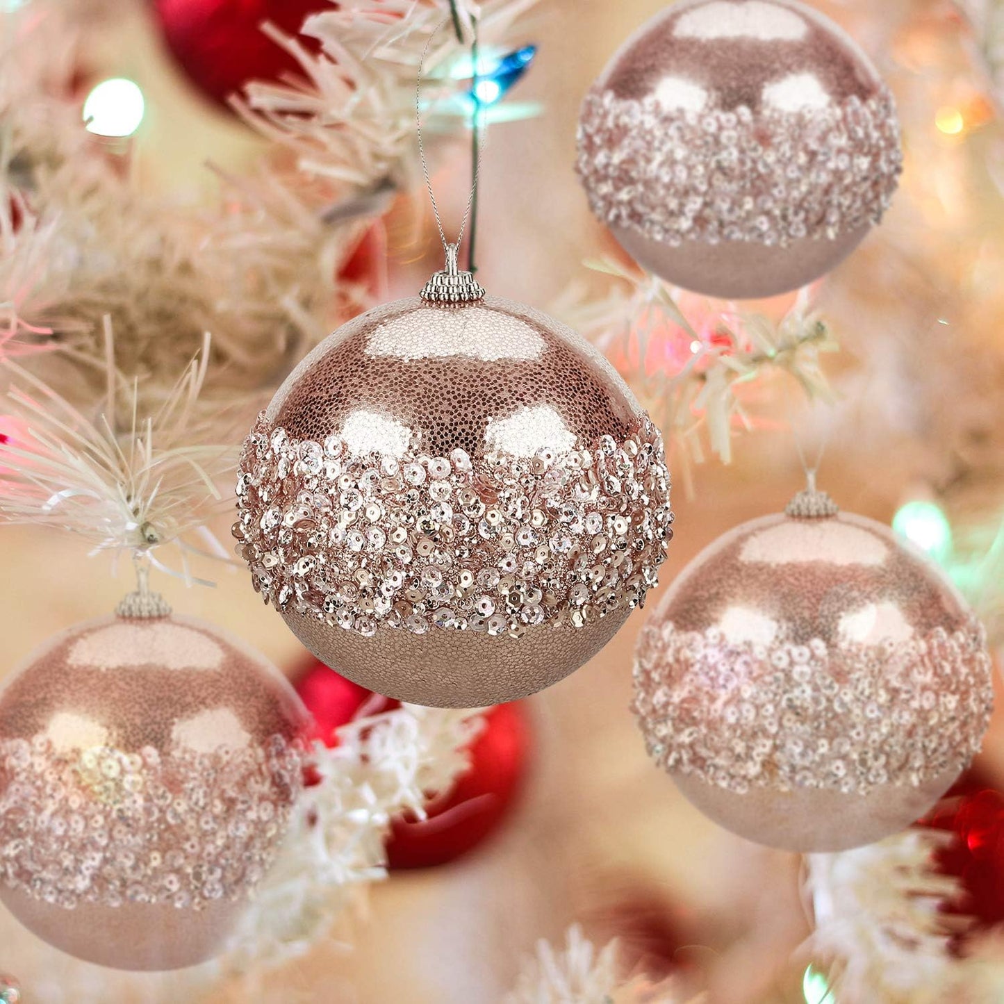 4" Christmas Ball Ornaments, 4pc Set Rose Gold Shatterproof Christmas Decorations Tree Balls for Xmas Trees Wedding Party Holiday Decorations