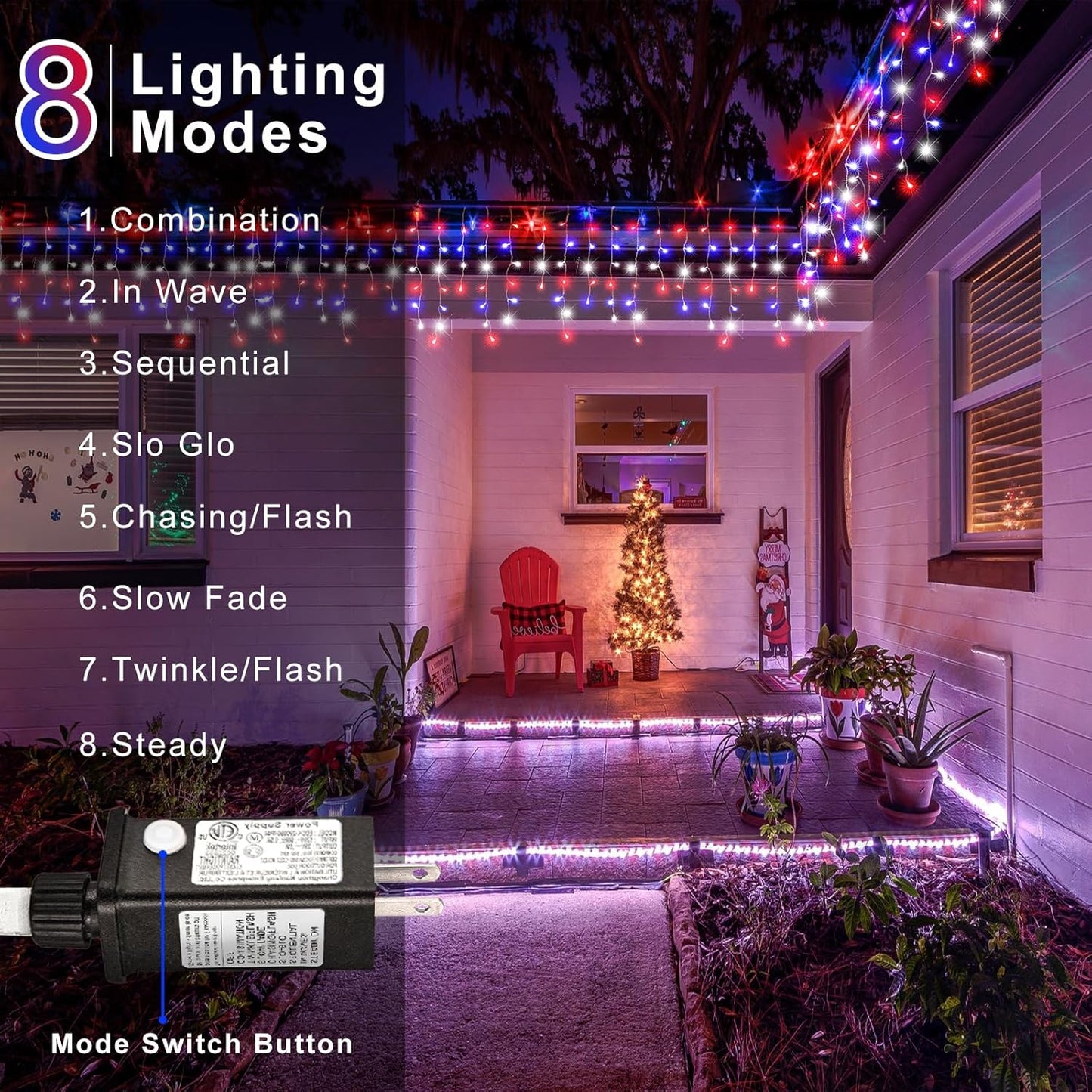66ft 640LED Red White and Blue Lights for 4th of July Decorations Outdoor Independence Day Decorations Icicle Light for Outside, Clear Wire Connectable Twinkle Light for House Party Holiday Patio Yard