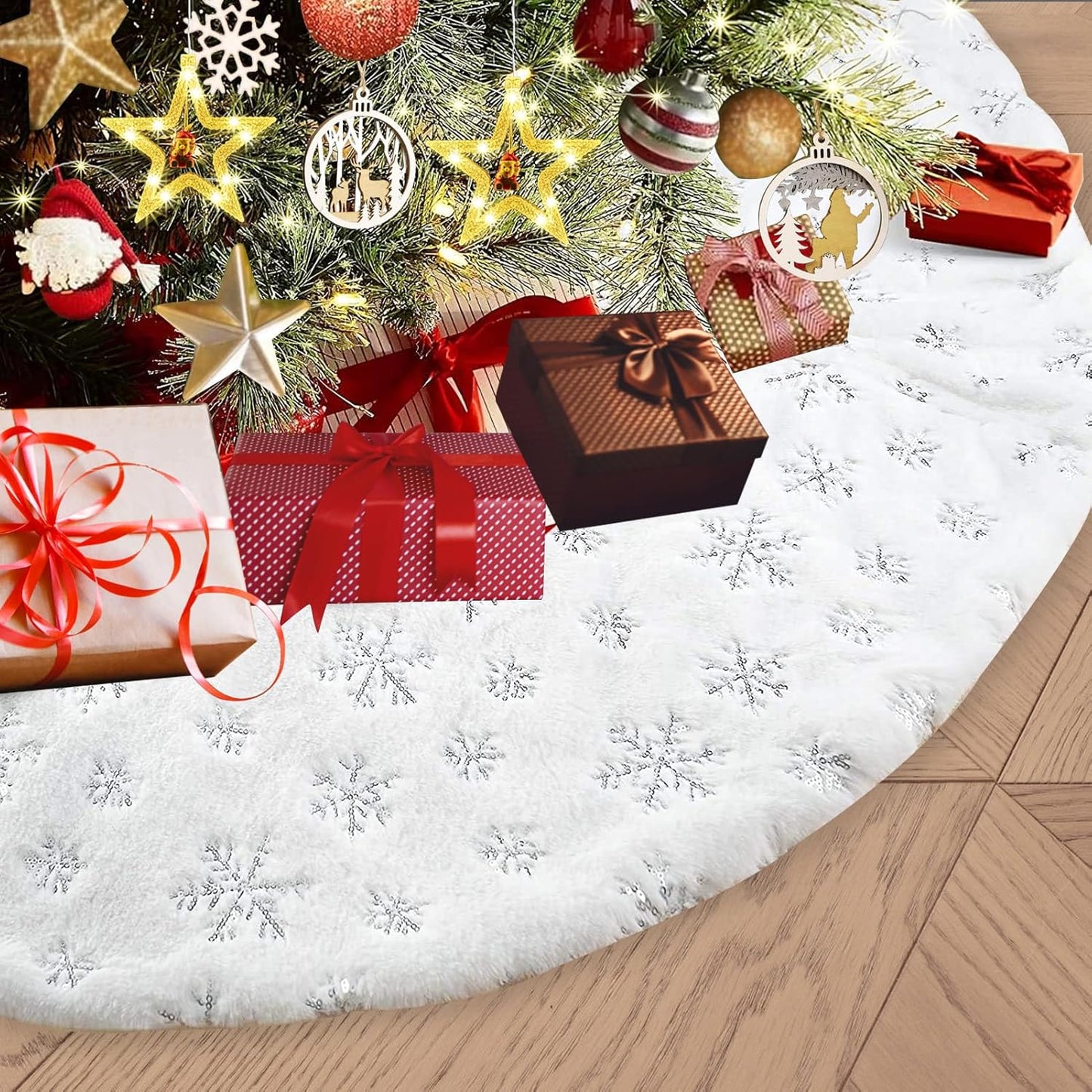60inch White Christmas Tree Skirt Tree Carpet Blanket, Soft 5ft Xmas Christmas Tree Blanket with Silver Snowflake White Faux Fur Carpet for Christmas Holidays Decoration Party