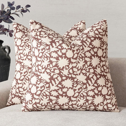 Foindtower Set of 2 Decorative Neutral Floral Throw Pillow Covers Accent Farmhouse Cushion Covers Boho Vintage Pillowcase for Couch Sofa Bedroom Living Room Home Decor Outdoor,24×24 Inch,Wine Red