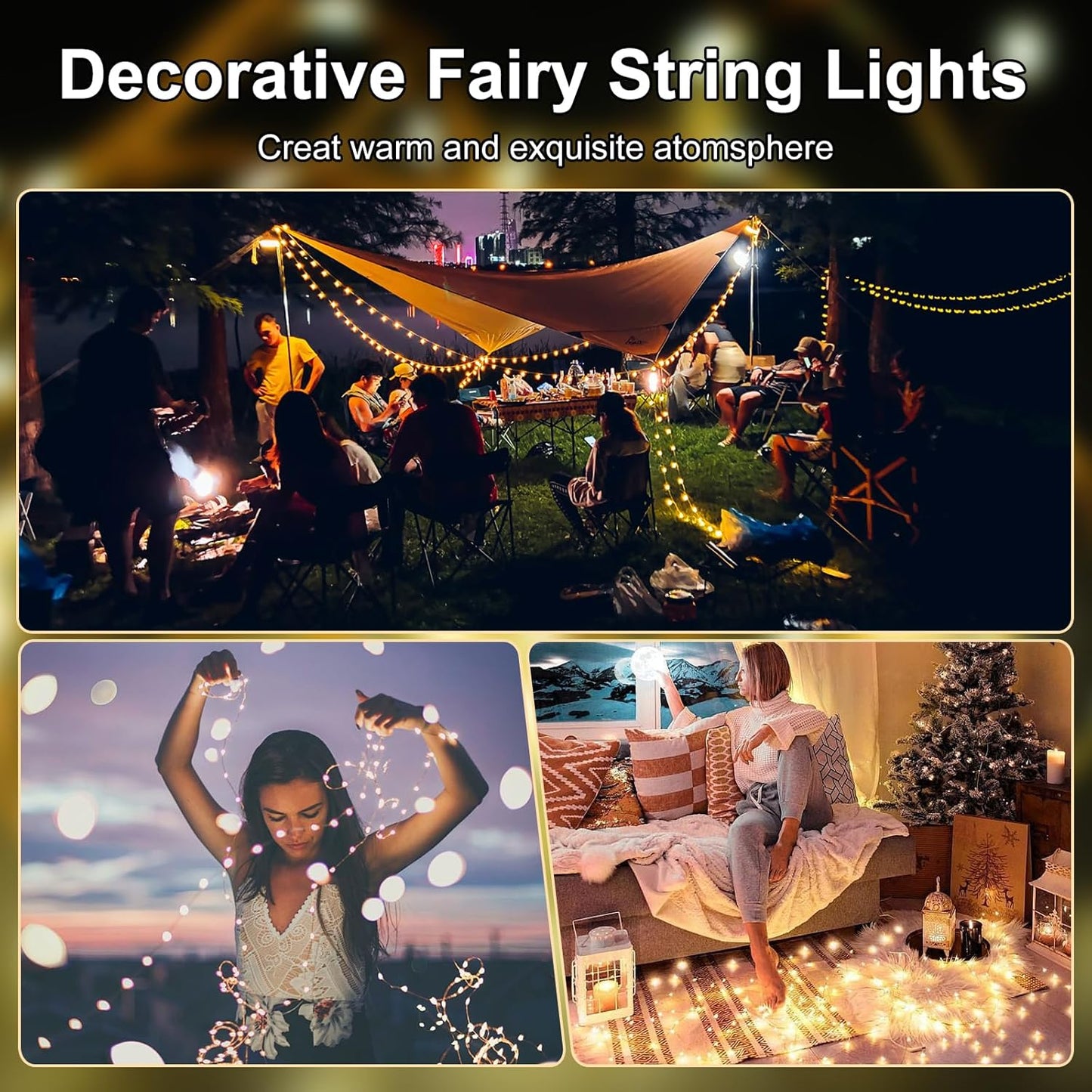 Fairy Lights Battery Operated String Lights 16.4ft 50LED Flashing and Constant Light Waterproof Silver Wire for Christmas DIY Party Bedroom Wedding (Warm White, 2 Pack)
