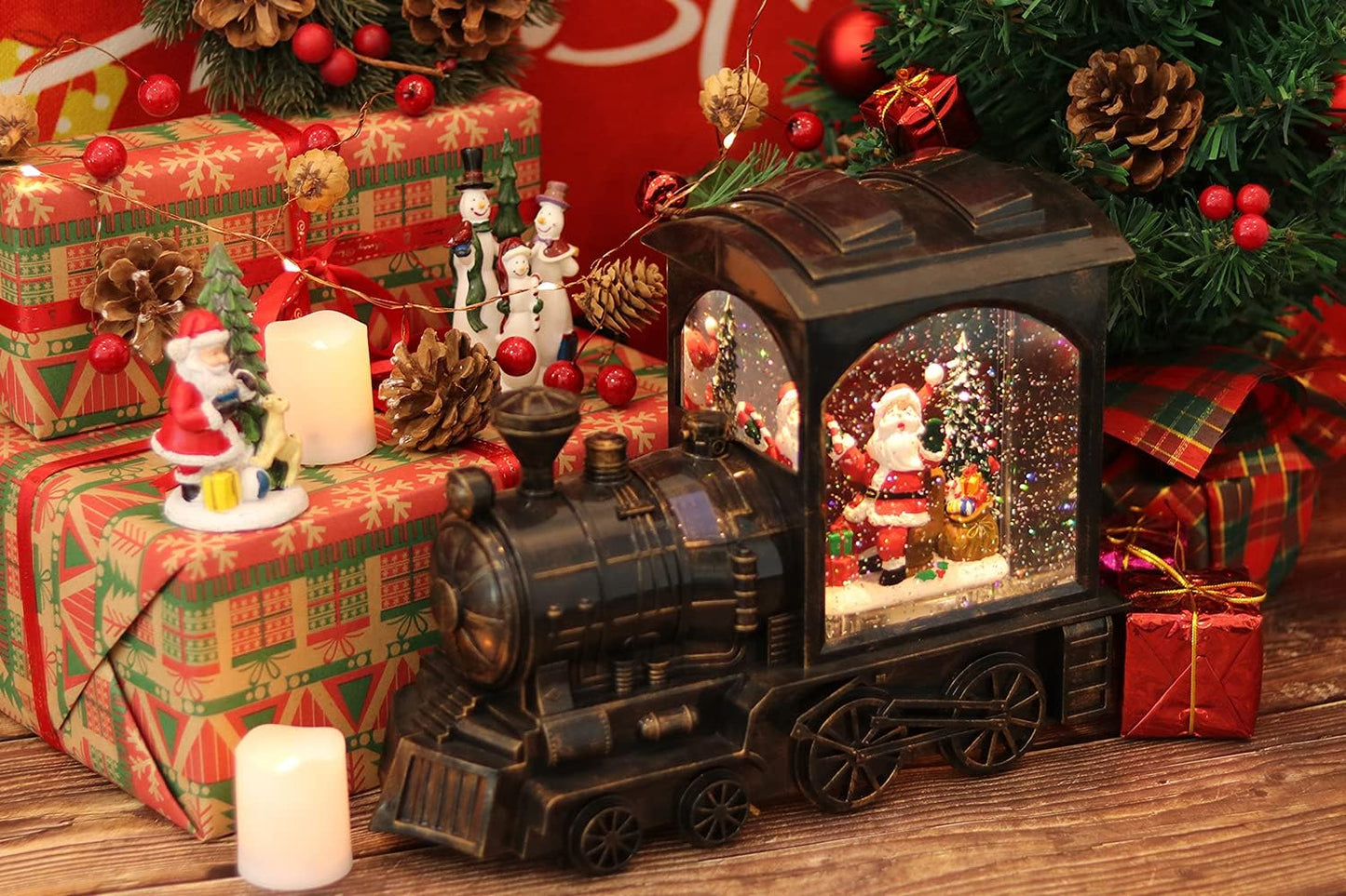 GenSwin Lighted Christmas Snow Globe Lantern, Battery Operated Santa Claus Musical Train LED Water Glittering with 6H Timer, Christmas Home Decoration Gift(Copper)