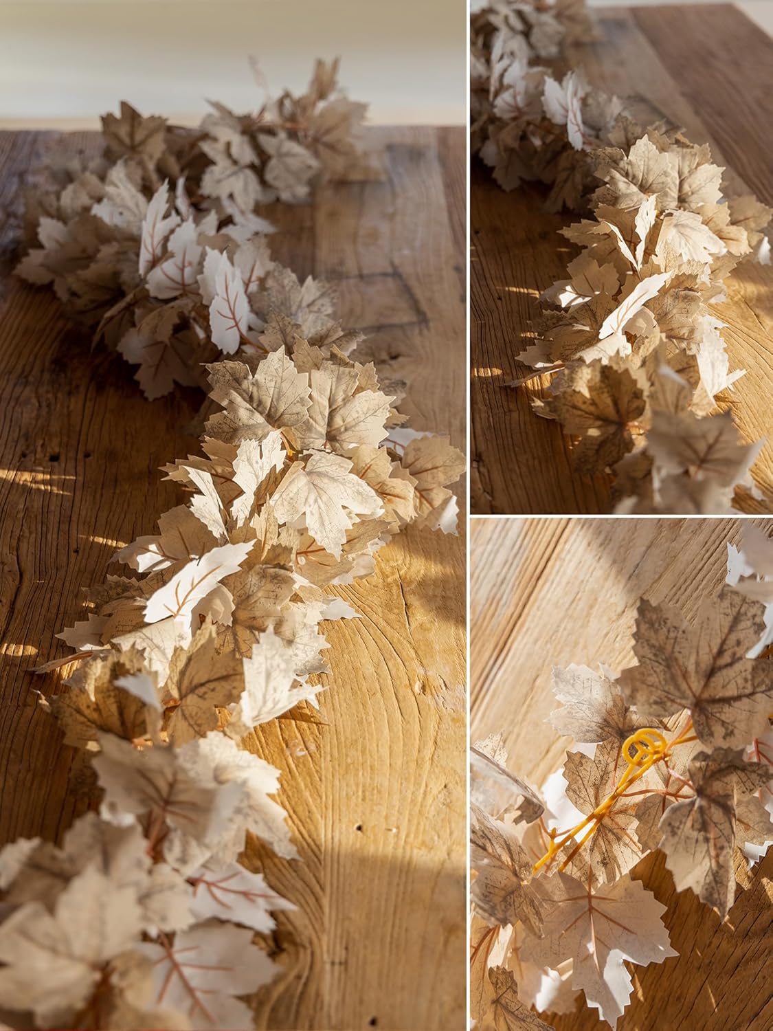 6PCS Beige Fall Maple Leaves Garland, 5.6Ft Artificial Maple Leaf Autumn Garland Hanging Fall Vines Table Decorations Front Door Fall Decor Thanksgiving Decorations Decor Outside Indoor Decor