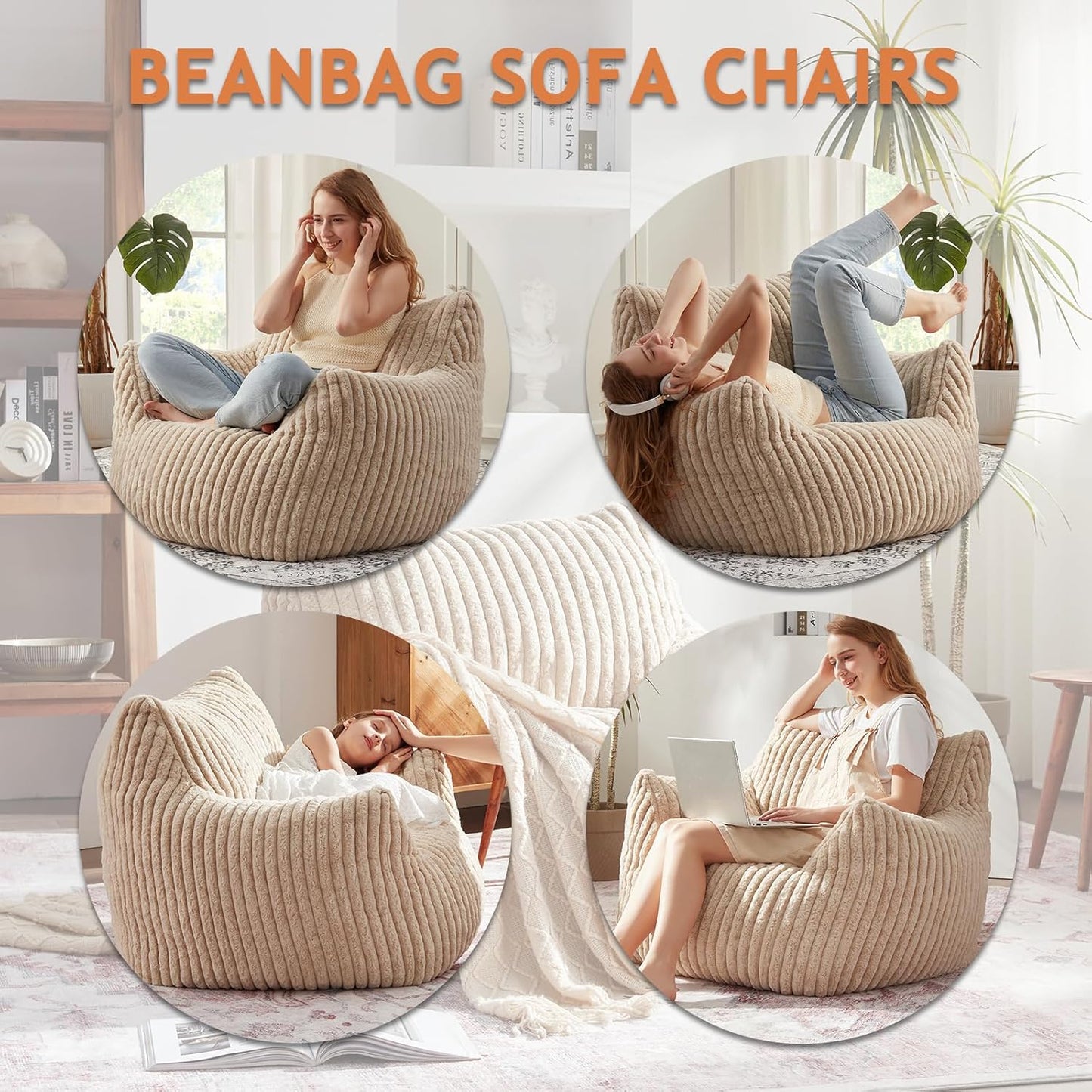 Giant Bean Bag Chairs for Adults with Filling Plush Fluffy Bean Bag Chairs for Teens with Armrests Comfy BeanBag Lazy Couch Sofa Chair for Bedroom Living Room Reading