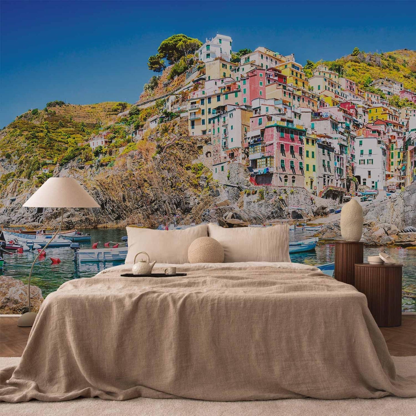 artgeist Wall Mural Peel and Stick Architecture 212x98 in - XXL Self-Adhesive Corner Wallpaper Removable Large Sticker Foil Angle Wallpaper Wall Decor Print City Sea Boat Like Painted d-B-0296-a-a