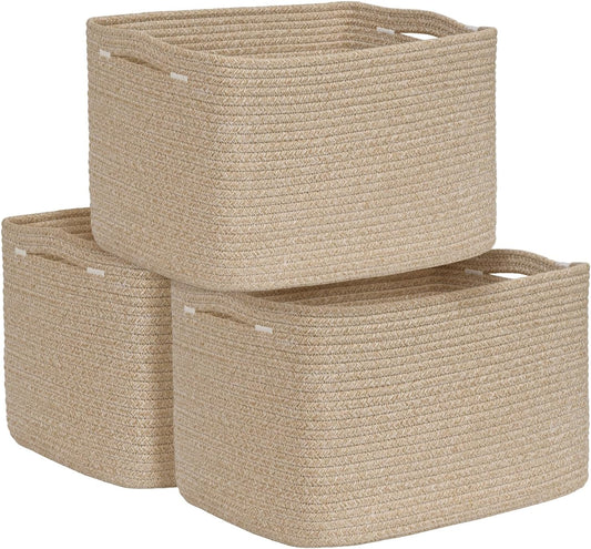 3-Pack Shelf Baskets for Organizing, Woven Storage Basket for Shelves, Cotton Rope Storage Bins for Toys Books, Nursery Towel Baskets for Classroom, 14.96"X9.8"X8.85", Brown