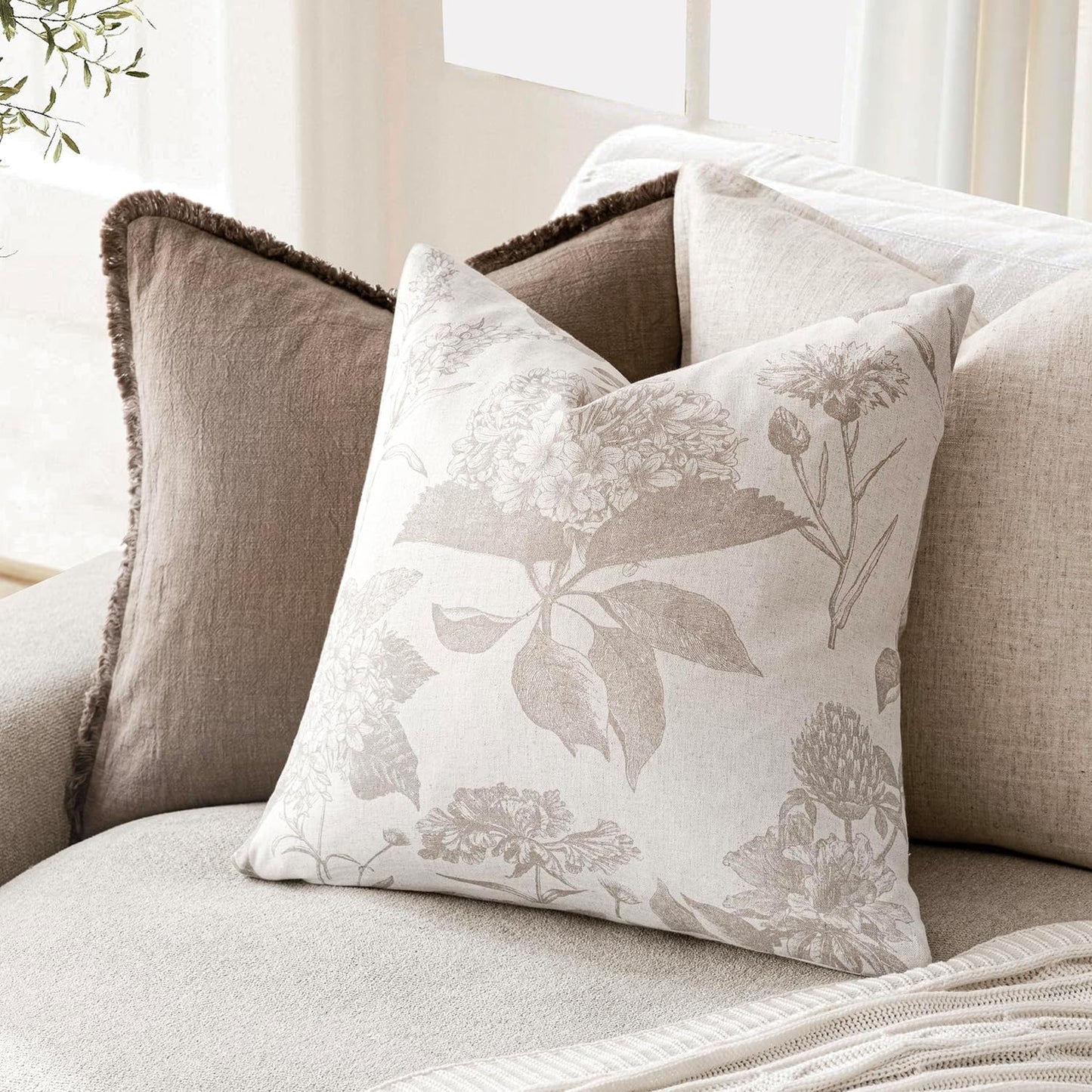 Foindtower Set of 2 Linen Floral Vintage Throw Pillow Covers Neutral Accent Decorative Cushion Covers Farmhouse Boho Home Decor for Sofa Chair Couch Bedroom Living Room Outdoor,24×24 Inch,Tan Beige