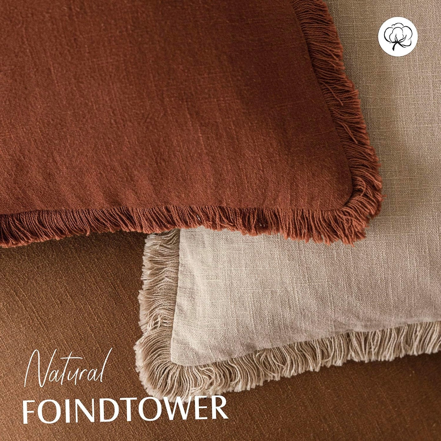 Foindtower Set of 2 Decorative Linen Fringe Throw Pillow Covers Boho Farmhouse Cushion Cover with Tassels Soft Accent Pillowcase for Couch Sofa Bed Living Room Home Decor,18×18 Inch,Orange Brown
