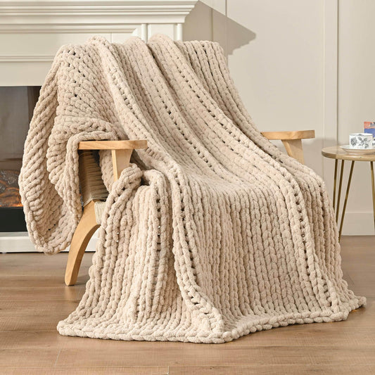 Esterra Chunky Knit Blanket Throw 50"x60", 100% Hand Knitted Chenille Throw Blanket, Cozy Soft Thick Cable Knit Throw Large Rope Knot Crochet Throw Blanket for Sofa Couch Bed, Sandshell/Oatmeal