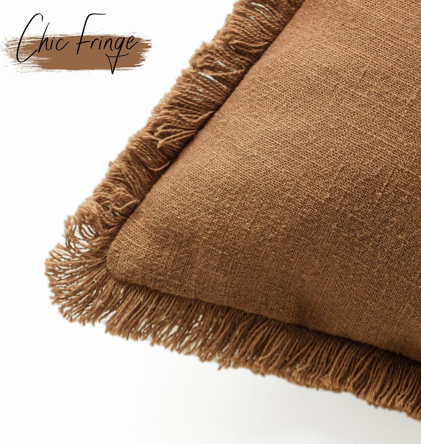Foindtower Set of 2 Decorative Linen Fringe Throw Pillow Covers Boho Farmhouse Cushion Cover with Tassels Soft Accent Pillowcase for Couch Sofa Bed Living Room Home Decor,18×18 Inch,Orange Brown