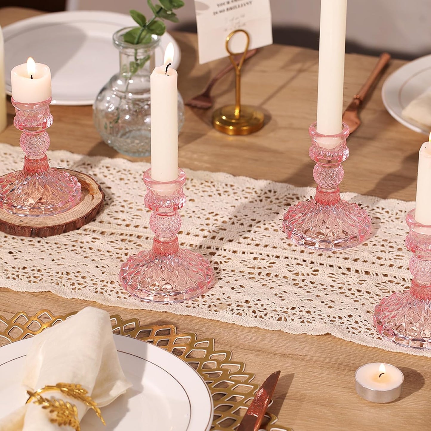 12Pcs Pink Candlestick Holders Set- 4" H Taper Candle Holders Bulk, Glass Candle Holders for Wedding, Party, Romantic Dinner Table Centerpieces, Festival Gifts & Windowsill Decor