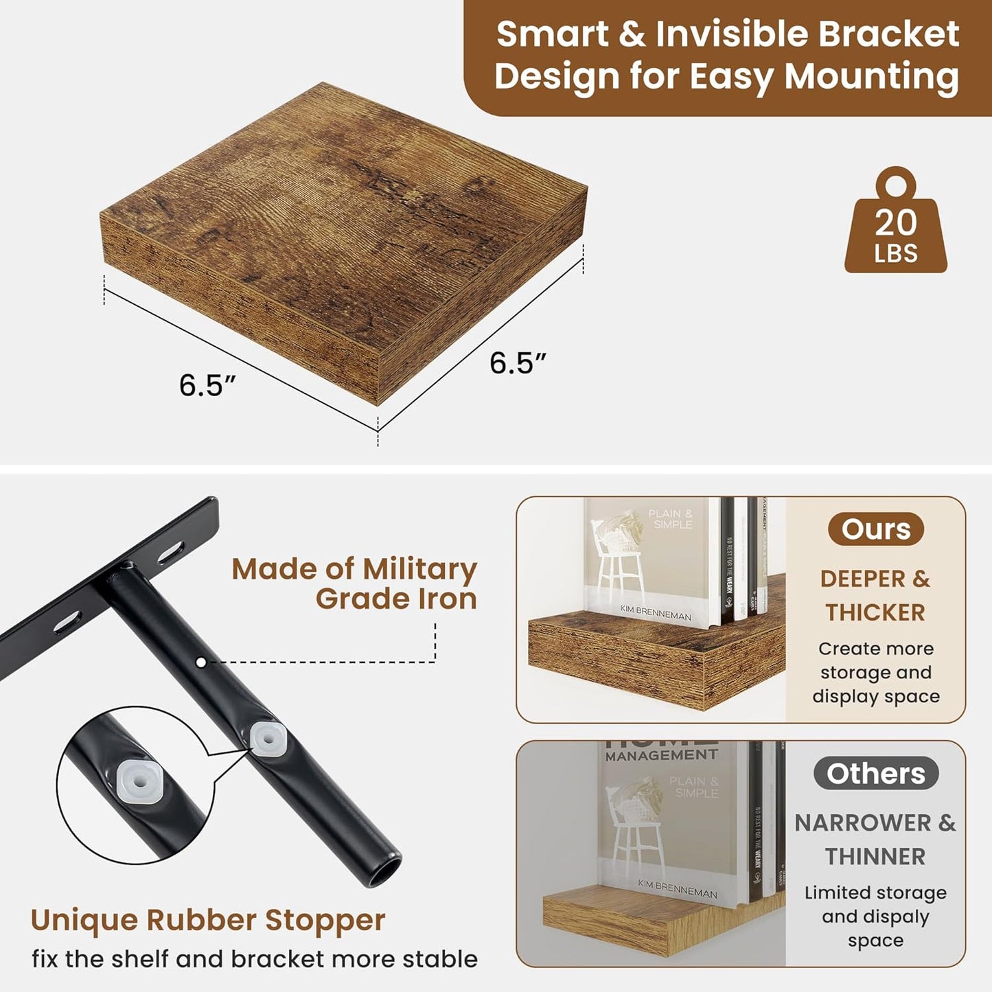 fuqing Floating Shelves for Wall, Bathroom Shelf Wall Mounted for Storage, Shelves with Invisible Bracket for Bedroom, Kitchen, Living Room, Farmhouse Small Book Shelf, 6.5 Inch Set of 3, Rustic Brown