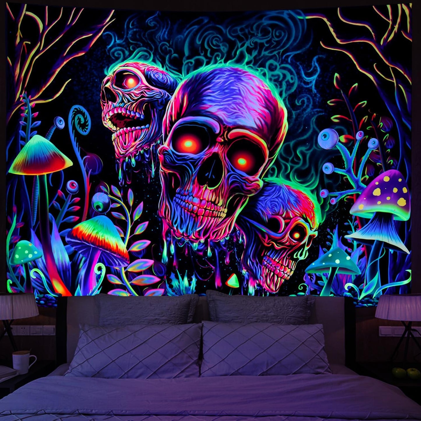Amonercvita Blacklight Skull Tapestry Trippy Skeleton Wall Tapestries UV Reactive Neon Plants Trees Tapestries Aesthetic Galaxy Space Tapestry Wall Hanging for Bedroom Decor(W51.2×H59.1 inches)
