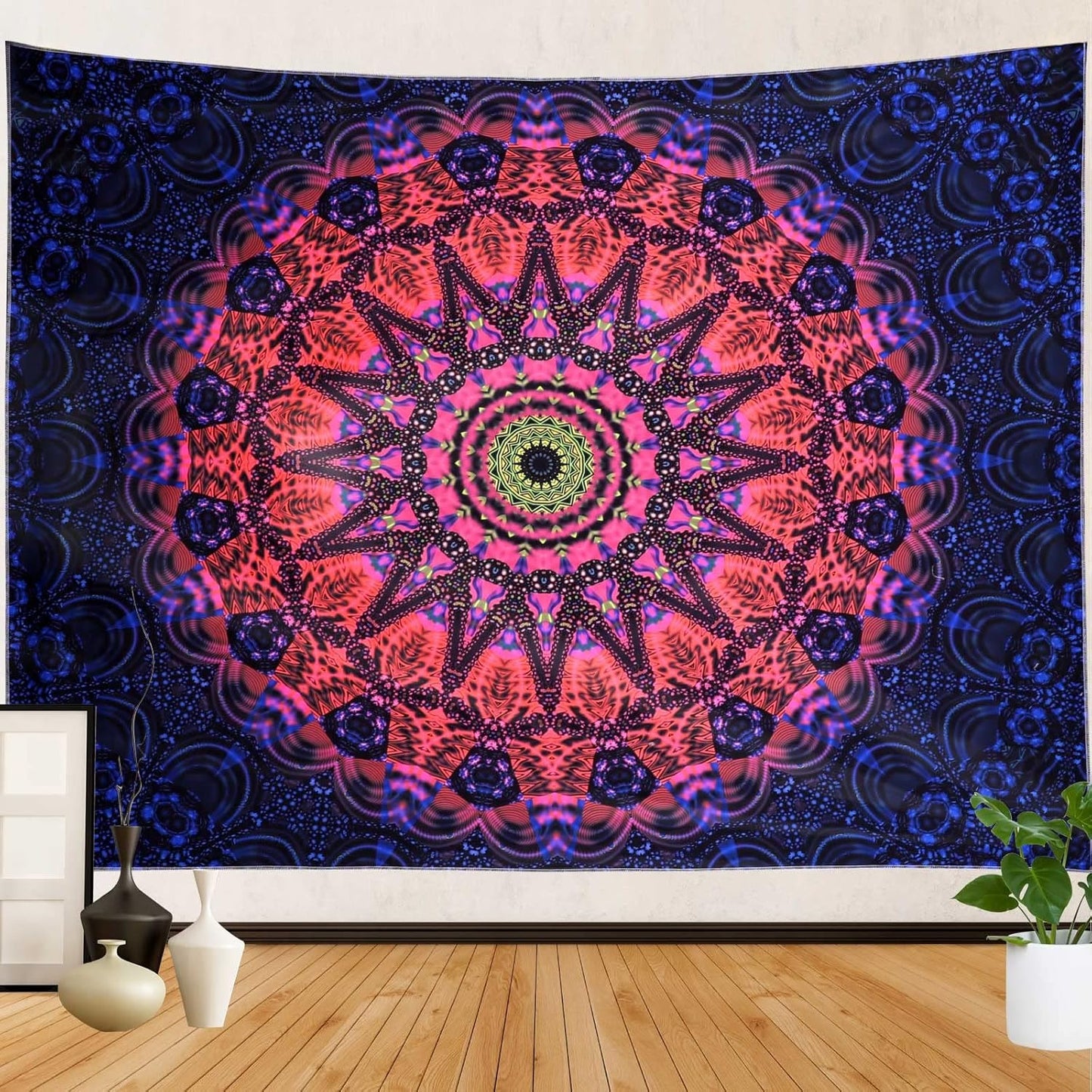 ADDWel Blacklight Mandala Boho Tapestry Glow In The Dark, Black Light Bohemian Hippie Poster Wall Hanging for Bedroom Aesthetic Wall and Room Decor (50" x 60", Mandala)