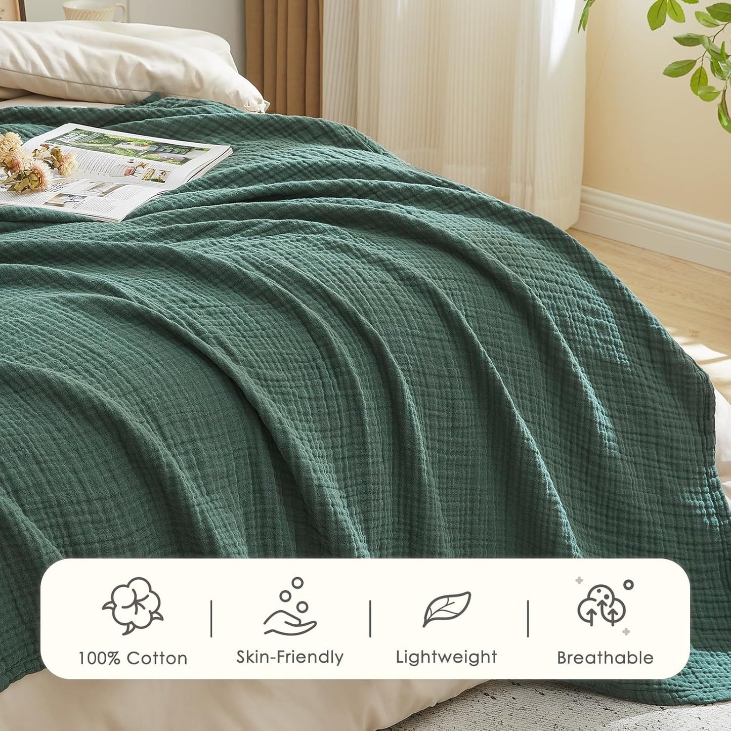 EMME Cotton Muslin Large Throw Blanket Couch Breathable Gauze Blanket Soft Lightweight Bed Blankets Adults (Forest Green, 50"x70")