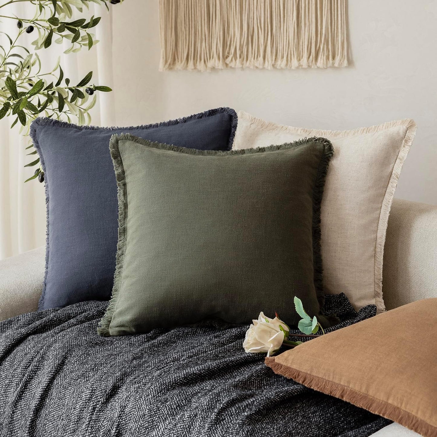 Foindtower Set of 2 Decorative Linen Fringe Lumbar Throw Pillow Covers Boho Farmhouse Cushion Cover with Tassels Accent Pillowcase for Couch Sofa Bed Living Room Home Decor,12×20 Inch,Dark Olive Green