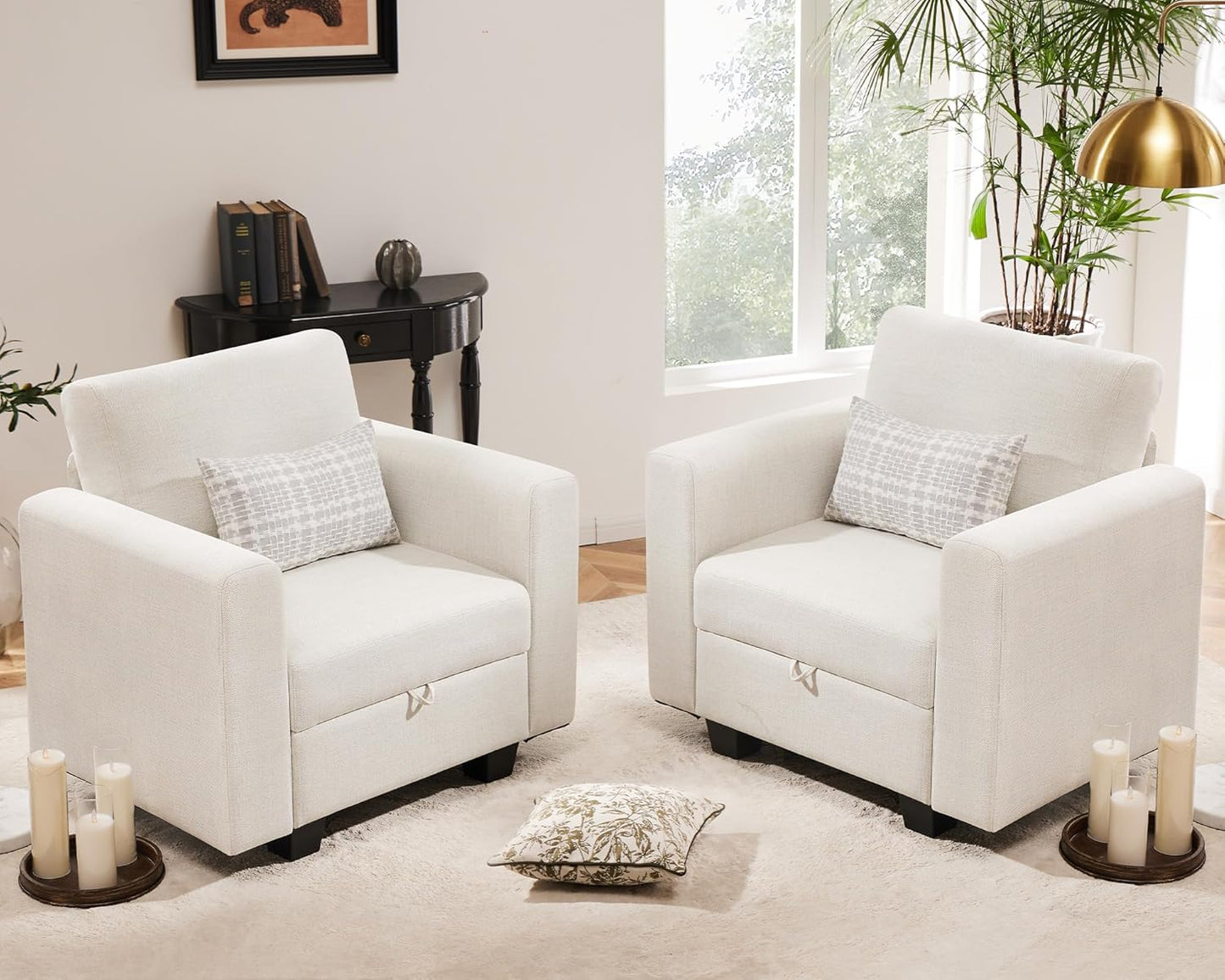 38.5 Oversized Accent Chair with Storage Beige Set of 2, Single Modern Accent Sofa Chair with Arms for Apartment Living Room Linen(21" Deep Seat)