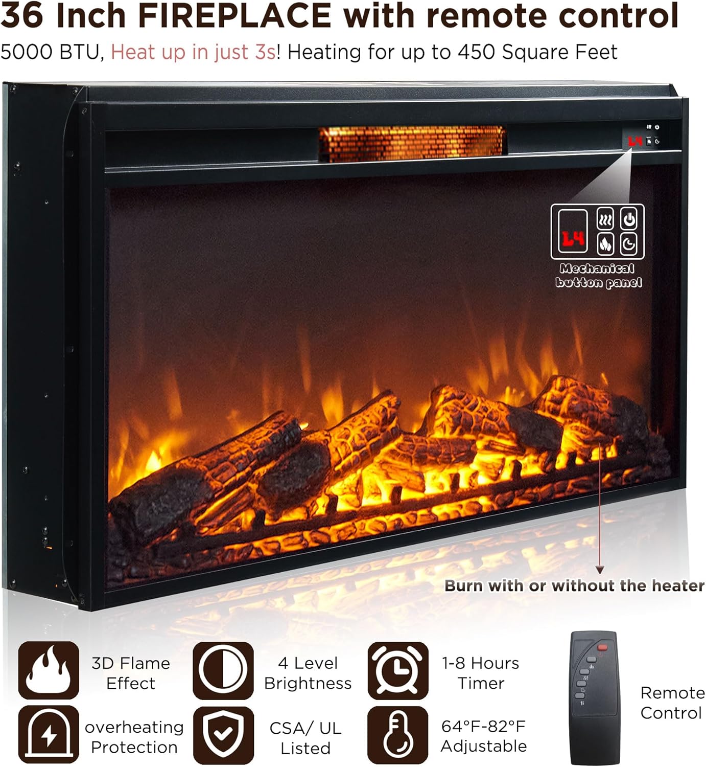 Fireplace TV Stand for 80 Inch TV, 35.7" Tall Farmhouse Entertainment Center W/36'' Electric Fireplace, Media Console with Large Storage Cabinets and Drawers for Living Room, Black