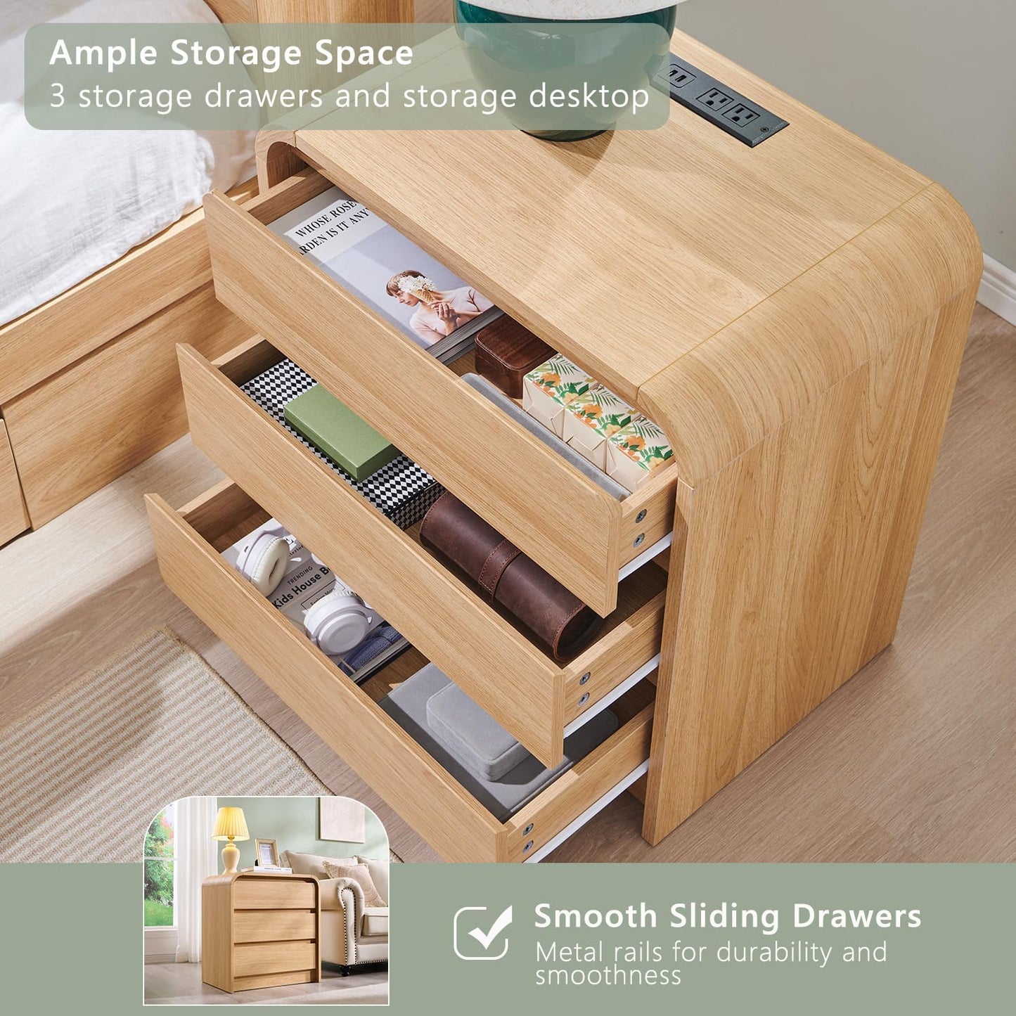 25" Tall Modern Nightstand with Charging Station, 23.6'' Wide Wood Bedside Table w/3 Storage Drawers, Small Dresser w/Curved Profile Design, End Table for Bedroom, Natural Oak