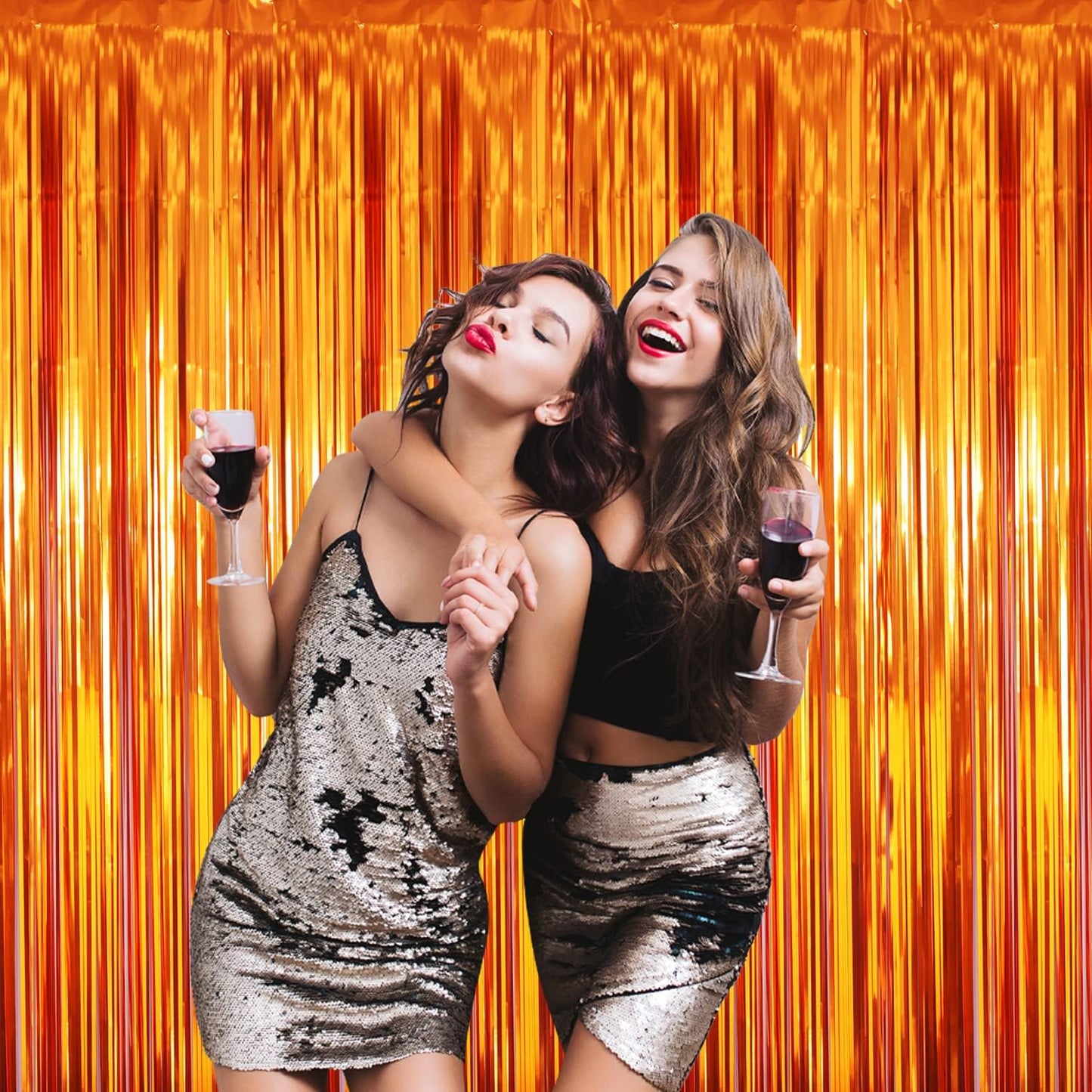 GOER 3.2 ft x 9.8 ft Metallic Tinsel Foil Fringe Curtains Party Photo Backdrop Party Streamers for Birthday,Graduation,New Year Eve Decorations Wedding Decor (5 Packs,Orange)