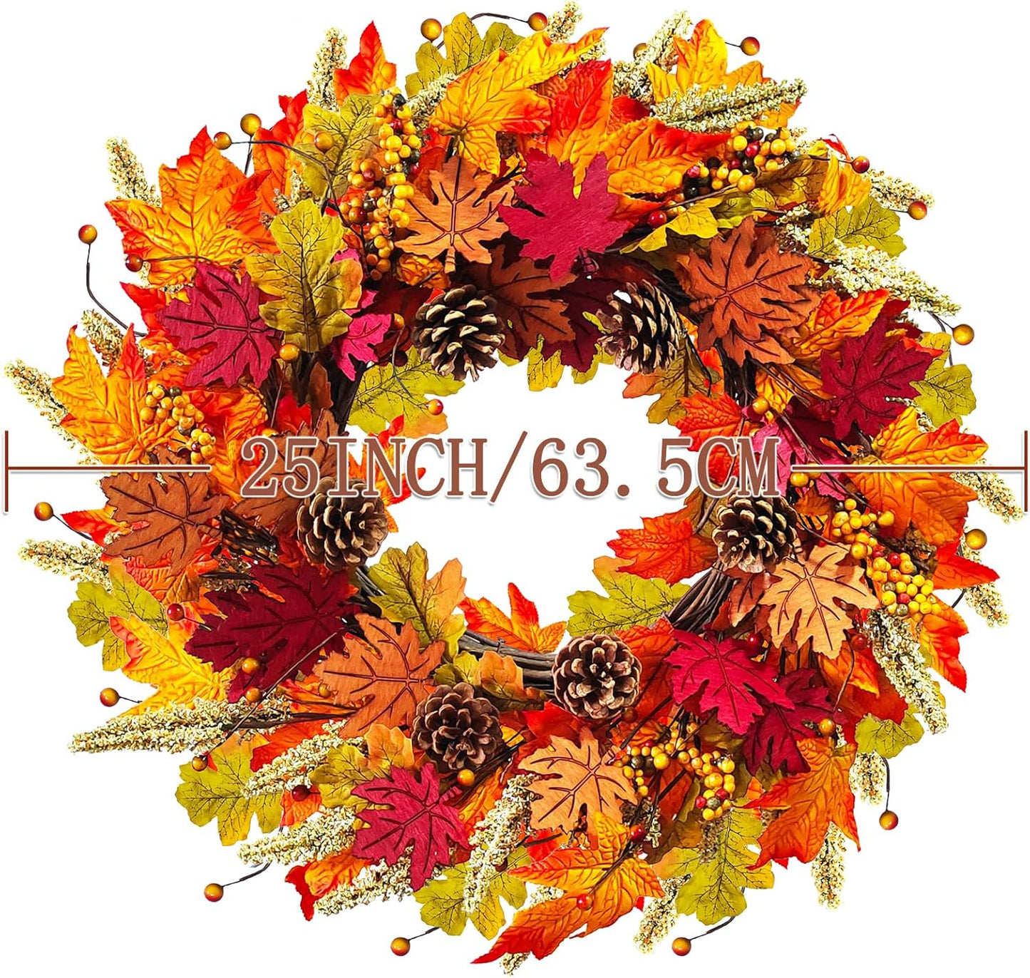 Fall Wreaths for Front Door, 24" Autumn Wreath with Berry Wood Maple Leaves and Pine Cones, Orange Thanksgiving Wreath for Outside Indoor Wall Window Home Festival Decor