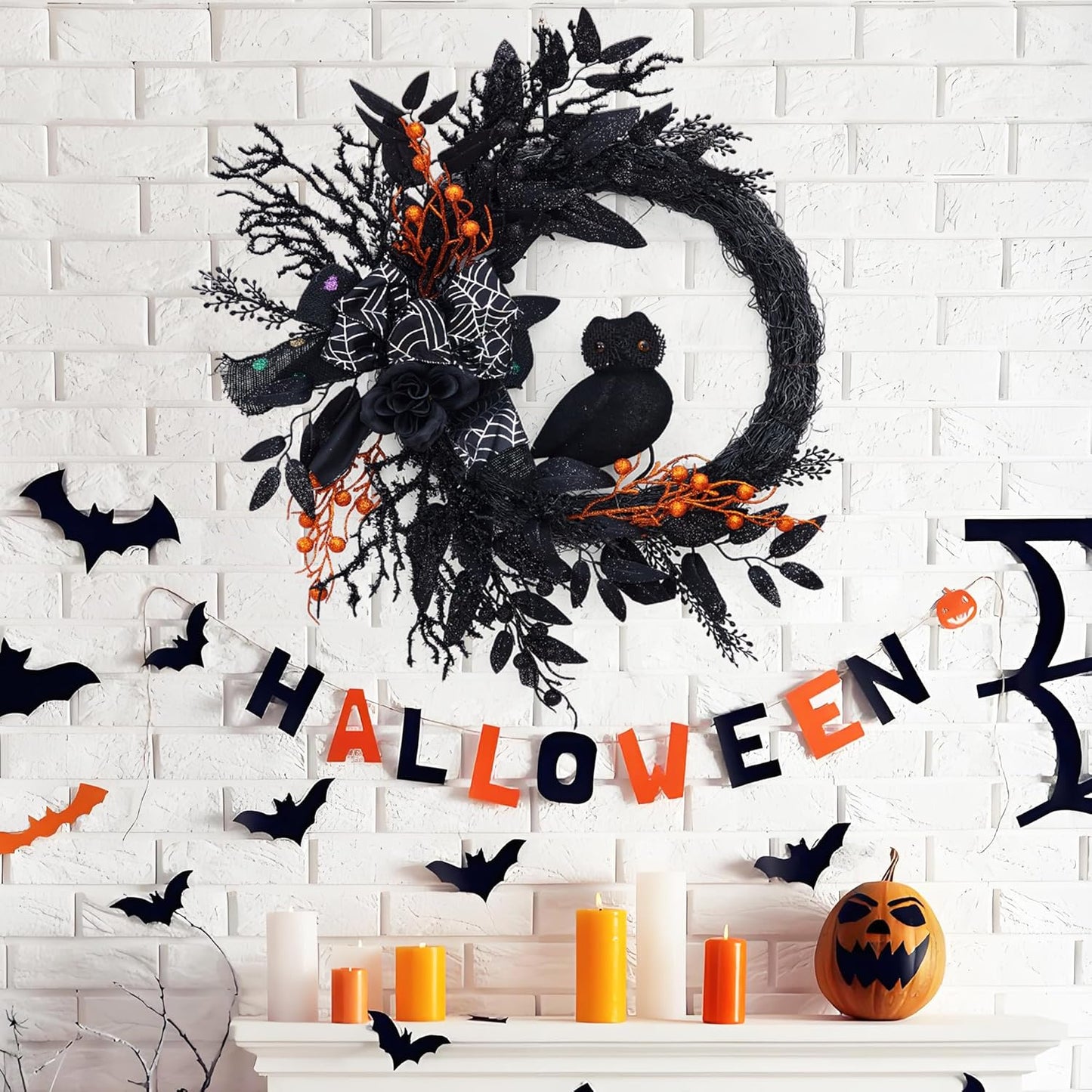 20 Inch Halloween Owl Wreath for Front Door - Gothic Garland with Natural Vines & Black Roses, Outdoor Indoor Decor for Porch, Wall, Window, Party Home Decor