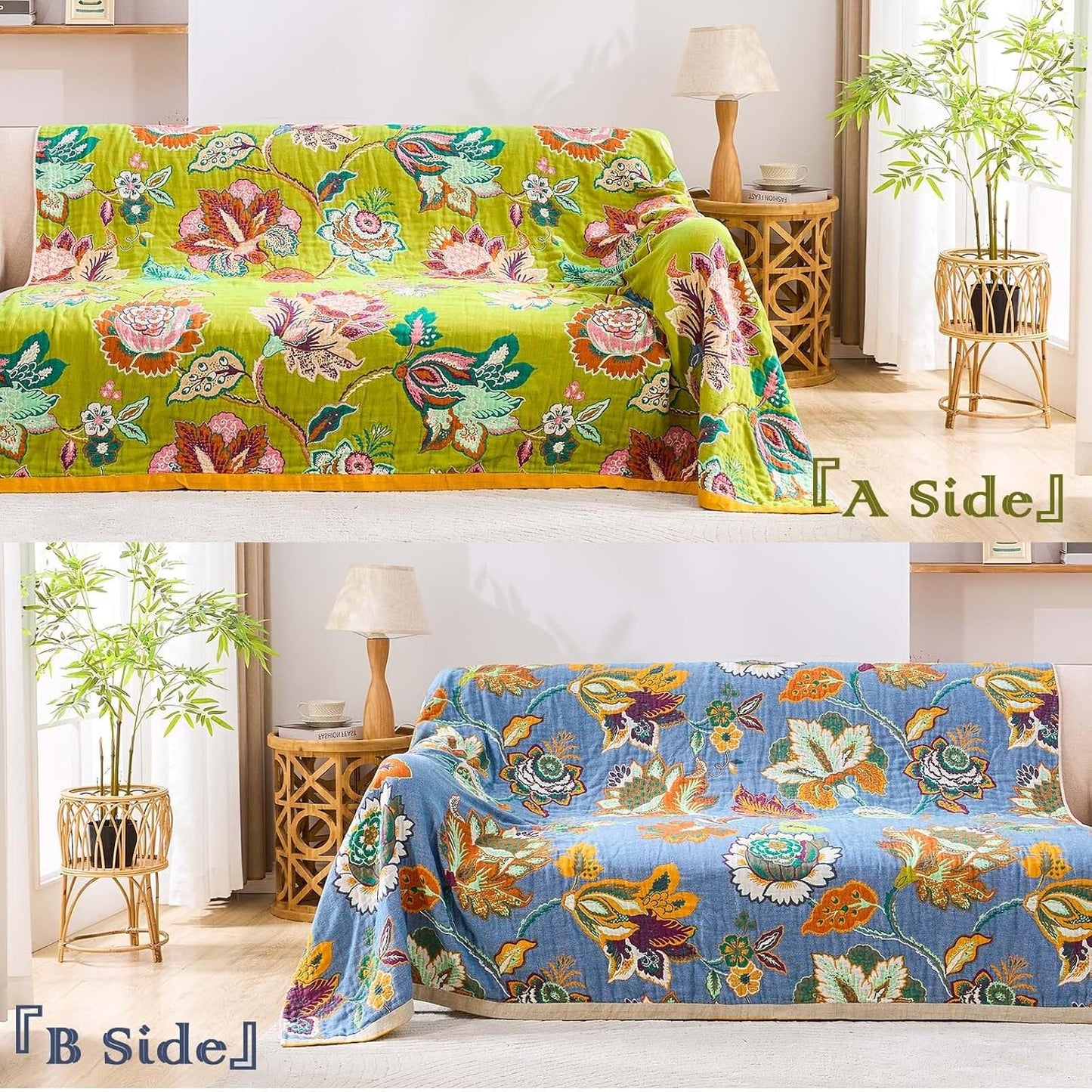 Fall Throw Blanket, 100% Cotton Soft Rustic Boho Throw Blanket for Bed, 80"x90" Farmhouse Decor Bed Flower Blankets, Light Weight Reversible Bohemian Throw Quilt