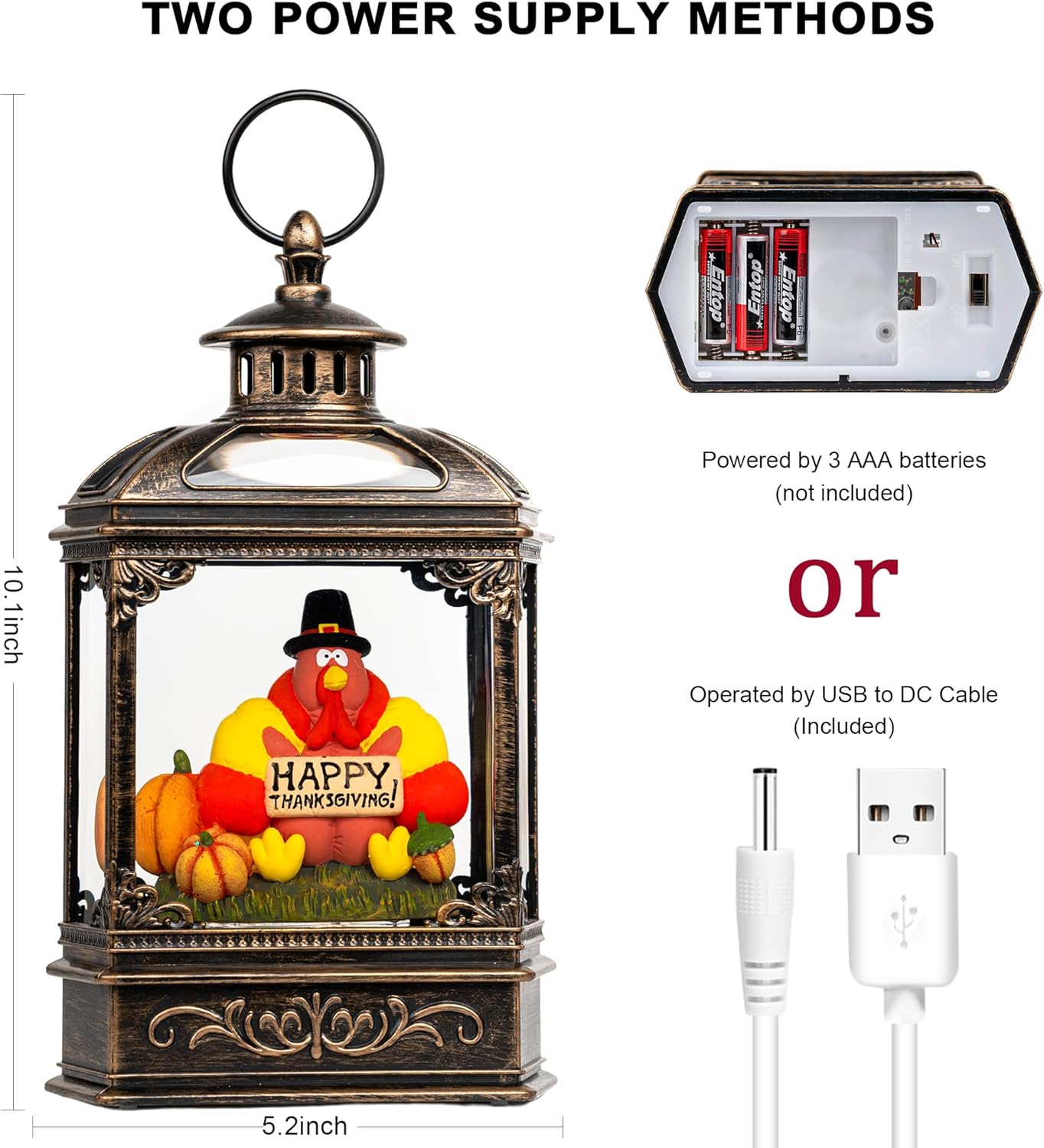 10.5'' Fall Snow Globe Lantern - Thanksgiving Glittering Lighted Water Lantern, Fall Decorations Autumn Harvest Day Gifts, Home Fall Halloween Decor (Turkey & Pumpkins)