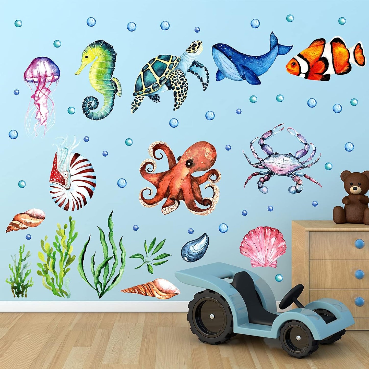 52 Pcs Ocean Fish Wall Decals Glow in The Dark Under The Sea Wall Decals Sea Animals Stickers Removable Waterproof Peel and Stick for Kids Bathroom Watercolor Ocean Decor(Funny Style)