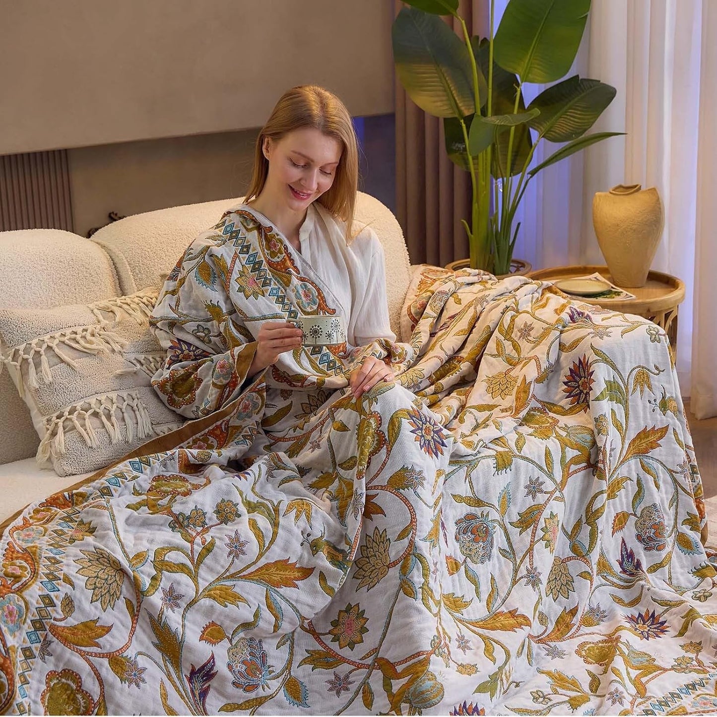 Fall Throw Blanket for Couch, Brown Boho Decorative Throw Blanket, 100% Cotton Muslin Breathable Woven Farmhouse Blankets Quilt, 50"x60" Reversible Lightweight Blankets Bohemian Throw Quilt