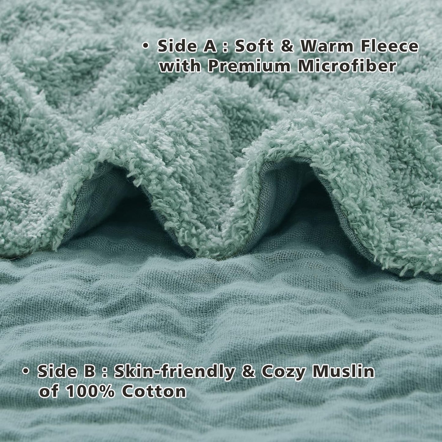 EMME Muslin and Fleece Queen Blanket Reversible - 80"*90" Teal Soft Warm Throw Blankets for Couch Bed Picnic Travel Bed