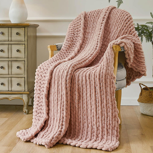 Esterra Chunky Knit Throw Blanket Newly Upgraded Heavy Tighter Version, Handmade Chenille Throw Super Soft, Thick Yarn Cable Knit Crochet Throw Blanket for Couch Bed Sofa, 50" x60, Coral Pink
