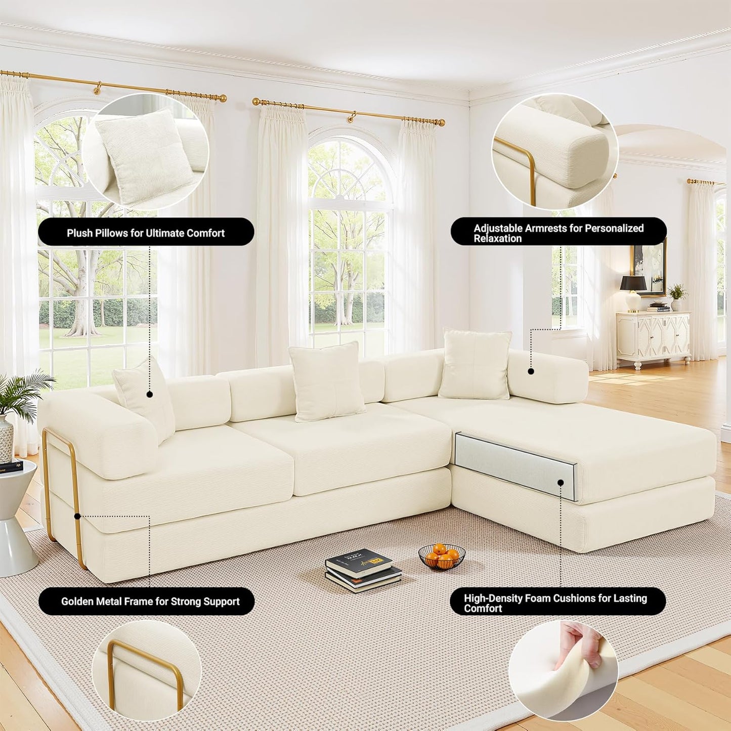 108" Oversized Convertible Sleeper Sofa Bed, Corduroy L Shape Sectional Couch, Folding Sofa Bed with Side Pocket, Modern Cloud Floor Mattress Couch, Modular Sofa for Living Room, Beige