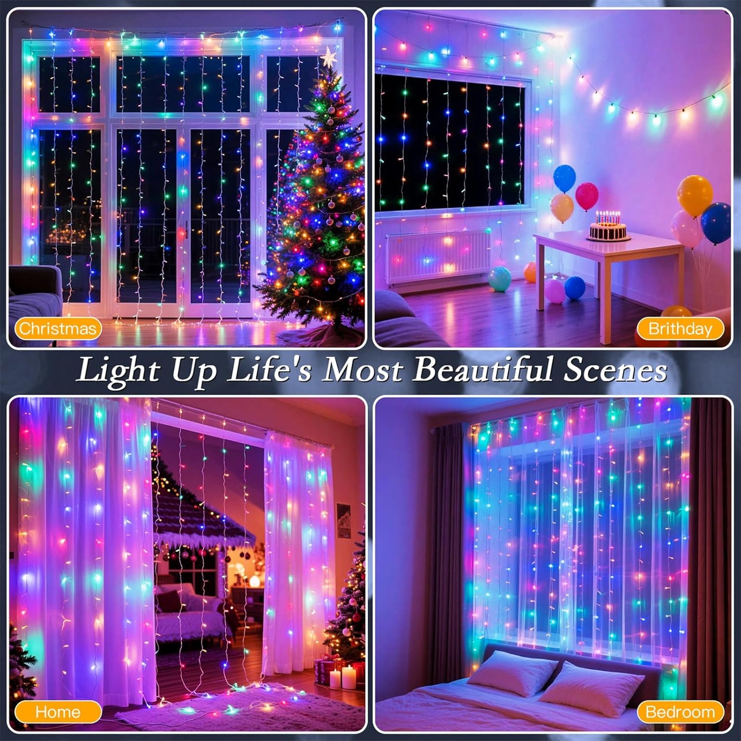 200 LED Rainbow Curtain String Lights 9.8 * 6.6FT Plug in Fairy with Timer and 8 Modes, Waterproof Window Wall Lights for Bedroom Wedding Party Indoor Outdoor Christmas Decor
