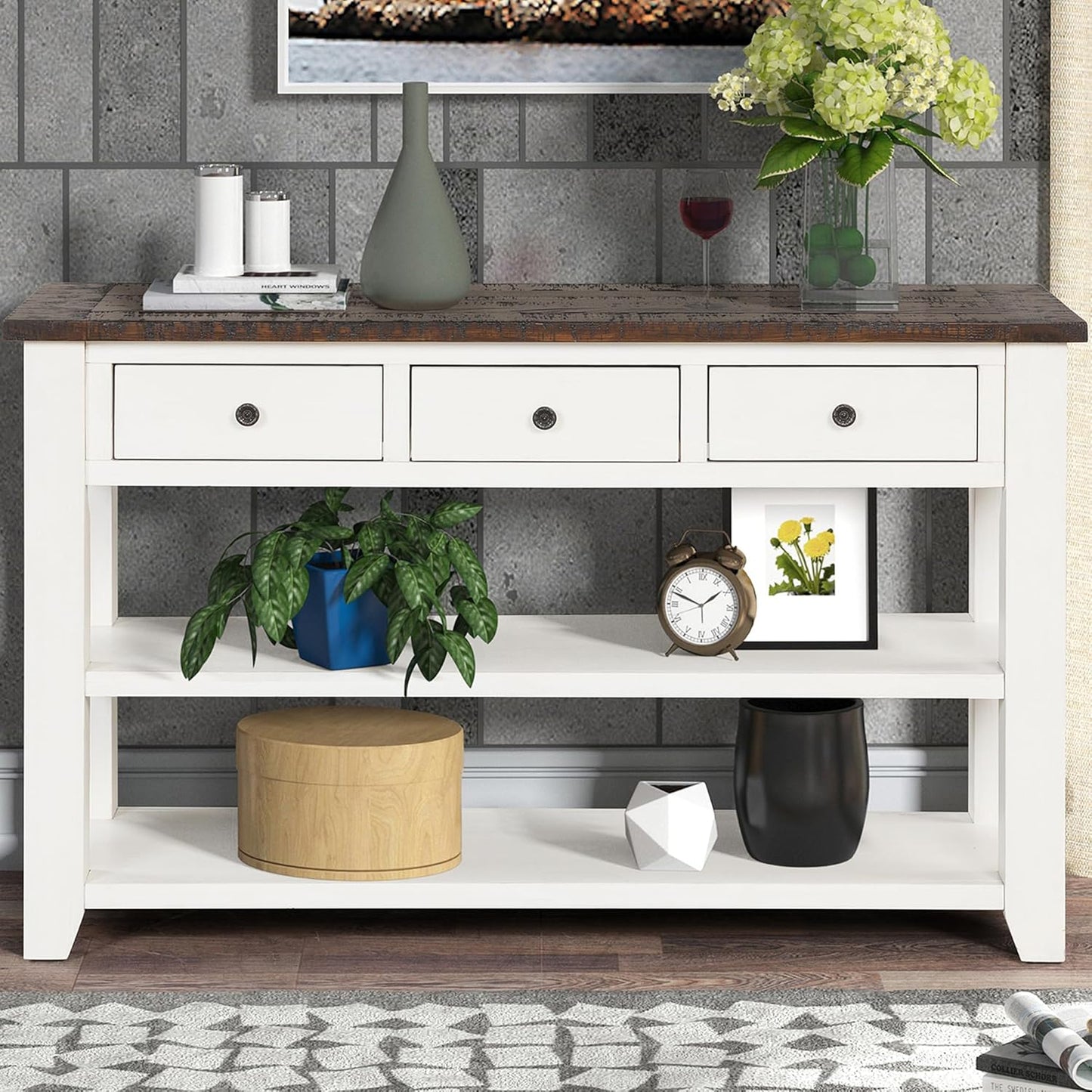 Farmhouse Wood Entryway Console Table 48-Inch Modern Sofa Entry Table with Drawers and Storage Shelves for Entrance Living Room (Antique White)
