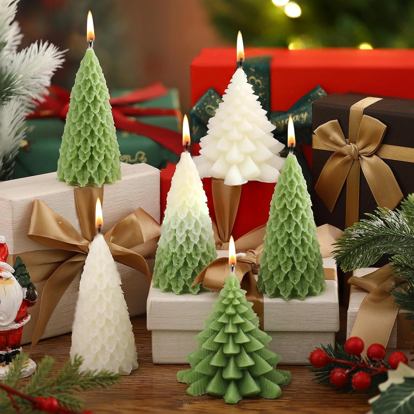 6 Pcs Christmas Tree Shaped Candles Xmas Wax Scented Candles White Green Decorative Christmas Tree Gifts for Xmas Eve Winter Holiday Party New Year Bedroom Room Table Decor, 3 Assorted Styles