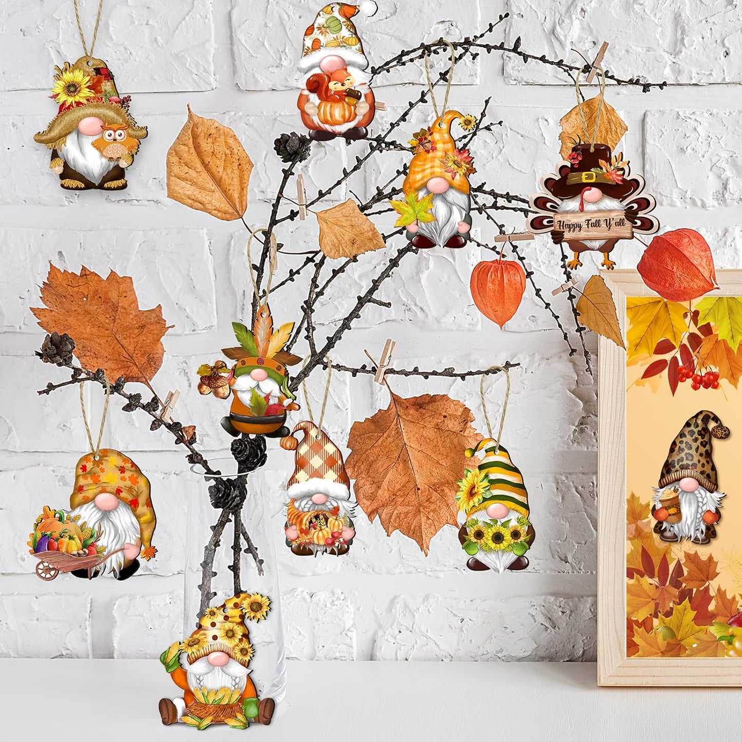 Fall Thanksgiving Gnomes Wooden Hanging Ornaments, Autumn Wood Hanging Pendant Decoration for Fall Tree Wooden Tags Slices Cutouts for Classroom Home Decor Holiday Party Supplies
